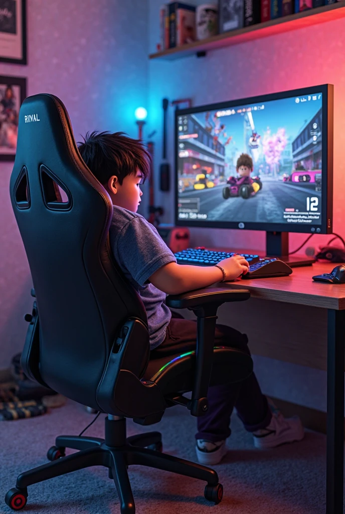 a boy Play PUBG in ipad how setting in a gaming chair the boys hair color is pink 
