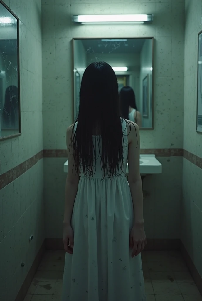 horror film shot of a creepy girl with very long straight black hair, hair covering her face, hair is very long until touches the ground, wearing a dirty hospital gown, standing alone in the hostel toilet, low key lighting, rule of the thirds, tonal color scheme, pale grey, pensive stillness, bokeh, mystery, horror, unholy, eerie, creepy, moody lighting, in the style of denis villeneuve, film still, cinestill 800 ultra-realistic, cinematic, high detail, Javanese, Malaysian, (Super Scary: 1.5), Indonesian Horror, Hyper Realistic, Cinematic, Dark Ambient, Ominous Atmosphere, Realistic, Masterpiece