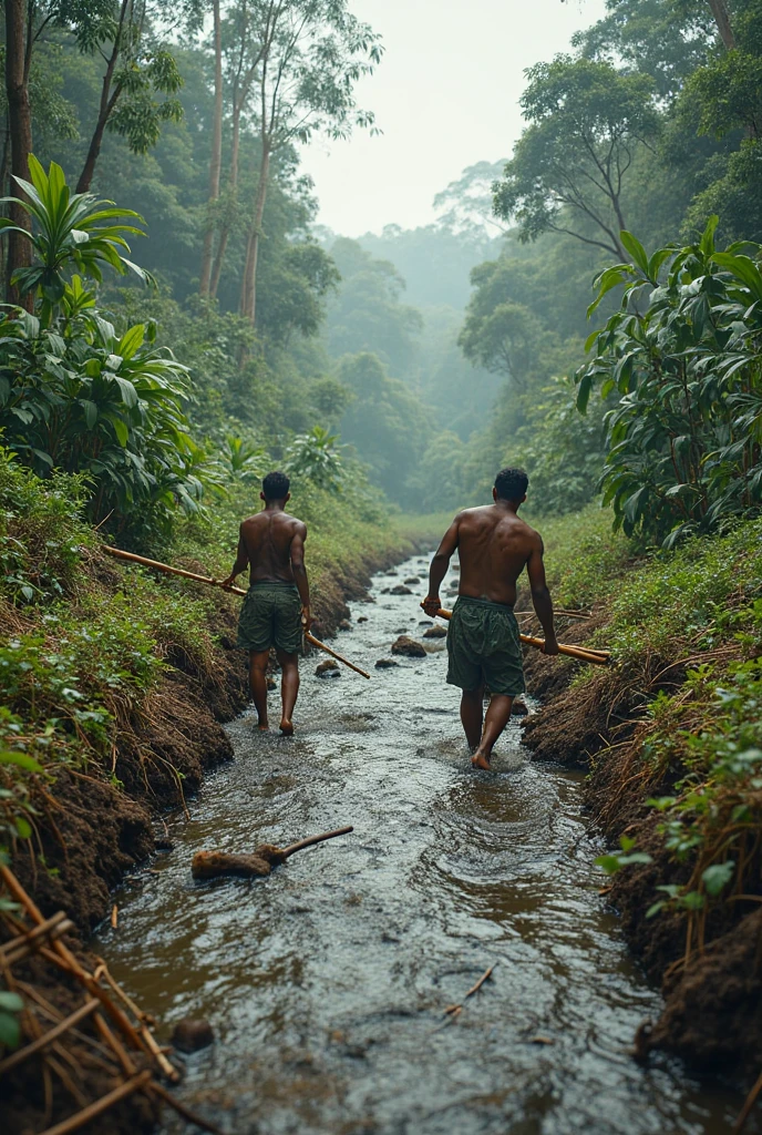 In the lush spring rainforest, a hunter Indian moves with dexterity and deep connection. Dressed in traditional costumes, he flaunts his cultural heritage while his trained eyes search for his prey. All around, nature comes alive with vibrant colors and harmonious sounds. At the perfect moment, he releases his arrow, honoring the life of the slaughtered deer. This scene depicts the skill of the hunter and the importance of living in harmony with the land