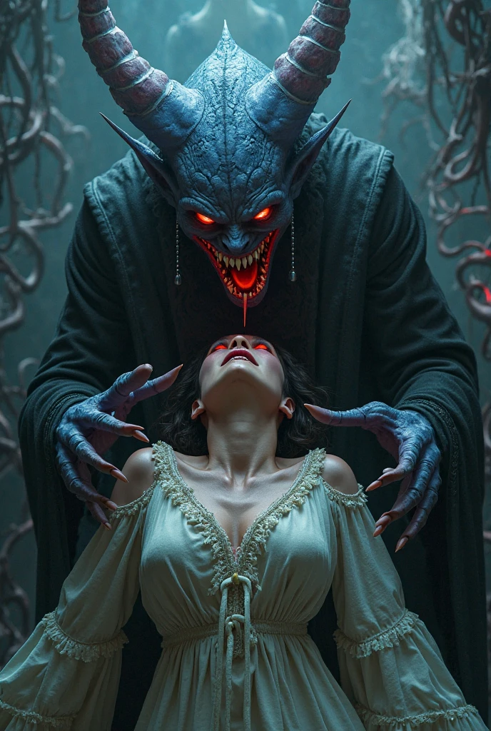 portrait of the most beautiful form of chaos, elegant, a brutalist designed, vivid colours, romanticism, by apterus, (apterus creepy anatomy:1.3), ((ahegao)), rolling_eyes, ((head down)), an evil girl bathing in a pool of blood, sharp teeth, maniacal laughter, ((decay and spooky)), atmospheric, trending on artstation. 8 k masterpiece, ((symmetry)), death, decay, vengeful japanese ghost, spooky dark village