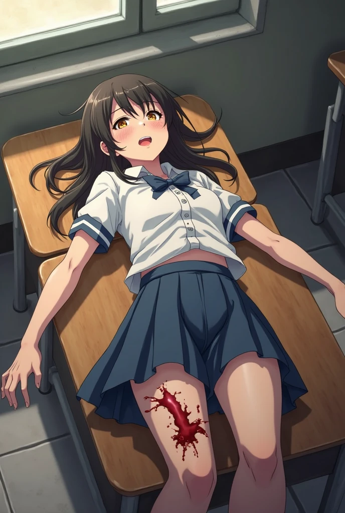 蓝色水手服dress，Alone, a girl, (yandere), knelt on the ground, with a knife in one hand, her eyes were dull, her eyes were dull, her heart was dying, her life was hopeless, her spirit was distracted, her pupils were dilated, and her pupils had no obvious bloody pupils. She was covered in blood, barefoot, and blood spilled all over the floor, and her clothes were red with blood.