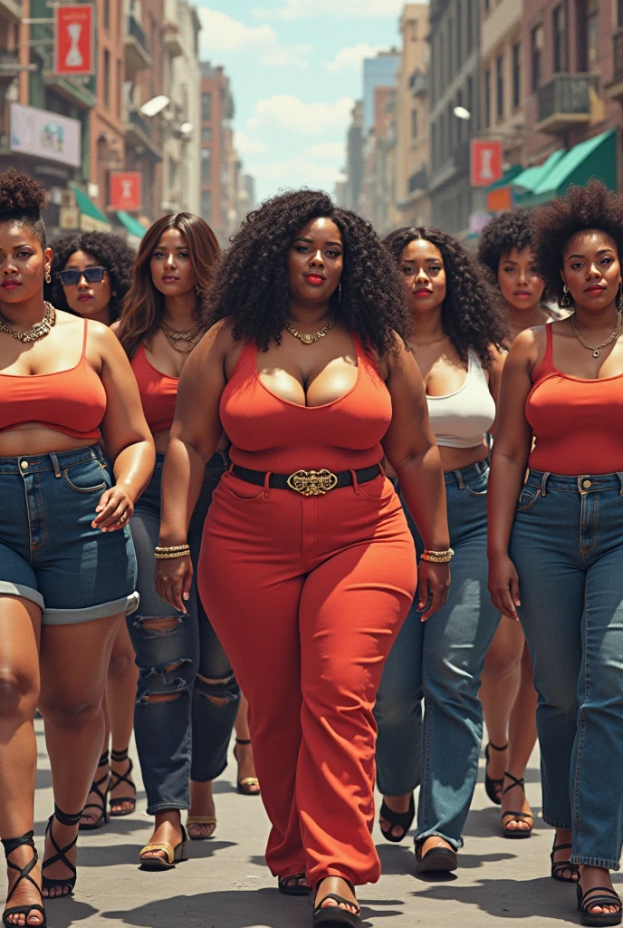 15 very fat women different clothes very fat with mouth and a gray sky behind 