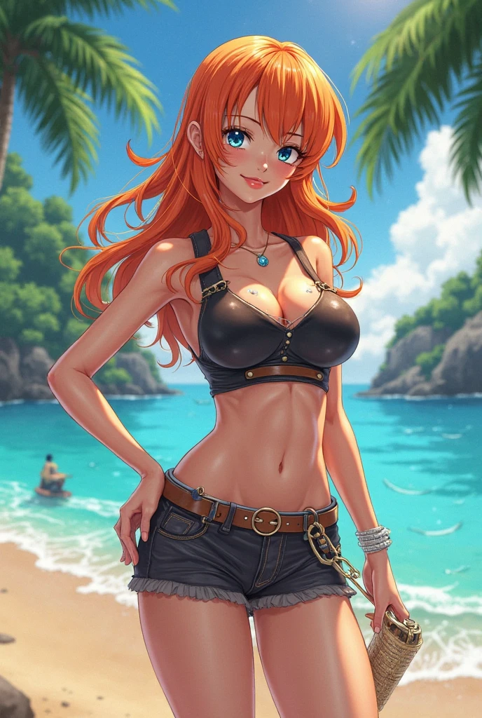 Generate a realistic anime-style image of Nami from One Piece. Capture her distinctive look with orange hair, a shirt, and a cheerful expression. Make sure the picture reflects your adventurous and confident personality as shown in the anime.., Whole body, Wide plan ,  Curvy athletic body, Island background,bra top, Skirt, orange eyes, orange eyes, armpits, Leather Clothes, 