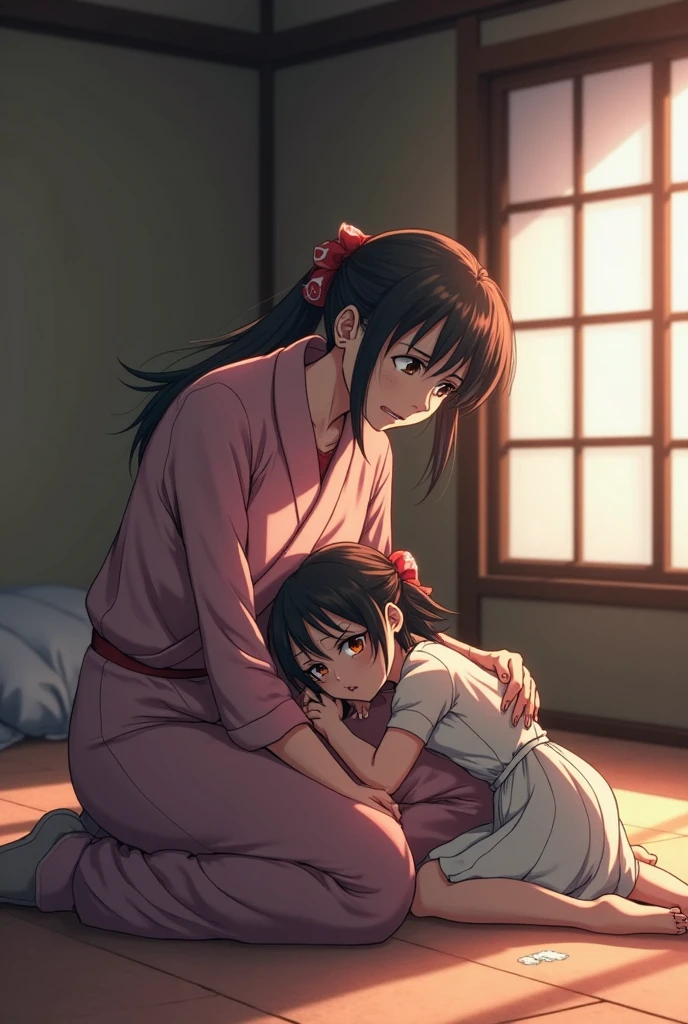 Best Photo 4k,High detail,(Side view),(Beautiful Japanese mother and son:1.7),(Hug your mother's waist from the side),Are standing,8K, 超High resolution, High resolution, high quality, High detailed, Super detailed, Very detailed, Photo Real, Ultra-realistic, Art Photography, Revealing the details, detailed parts body, An exquisite masterpiece of art, Trending on Art Station