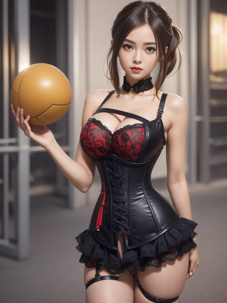 smiling Face ,nsfw, BDSM ,slave ,Black Bondage,((Best Quality, 8k, Masterpiece:1.3)),(Layer Cut, Big:1.2),Beautiful young girl with Perfect Figure: 1.4、Crisp Focus: 1.2, Slender Abs:1.2、Wet Body:1.5、Highly Detailed Face and Skin Texture, Detailed Eyes ,Double Eyelids ,short black Hair ,hair clip ,choker , looking back , panties ,garter belt , sombre background , rubber latex gloves, ass ,looking back, baseball balls on shelf next to her