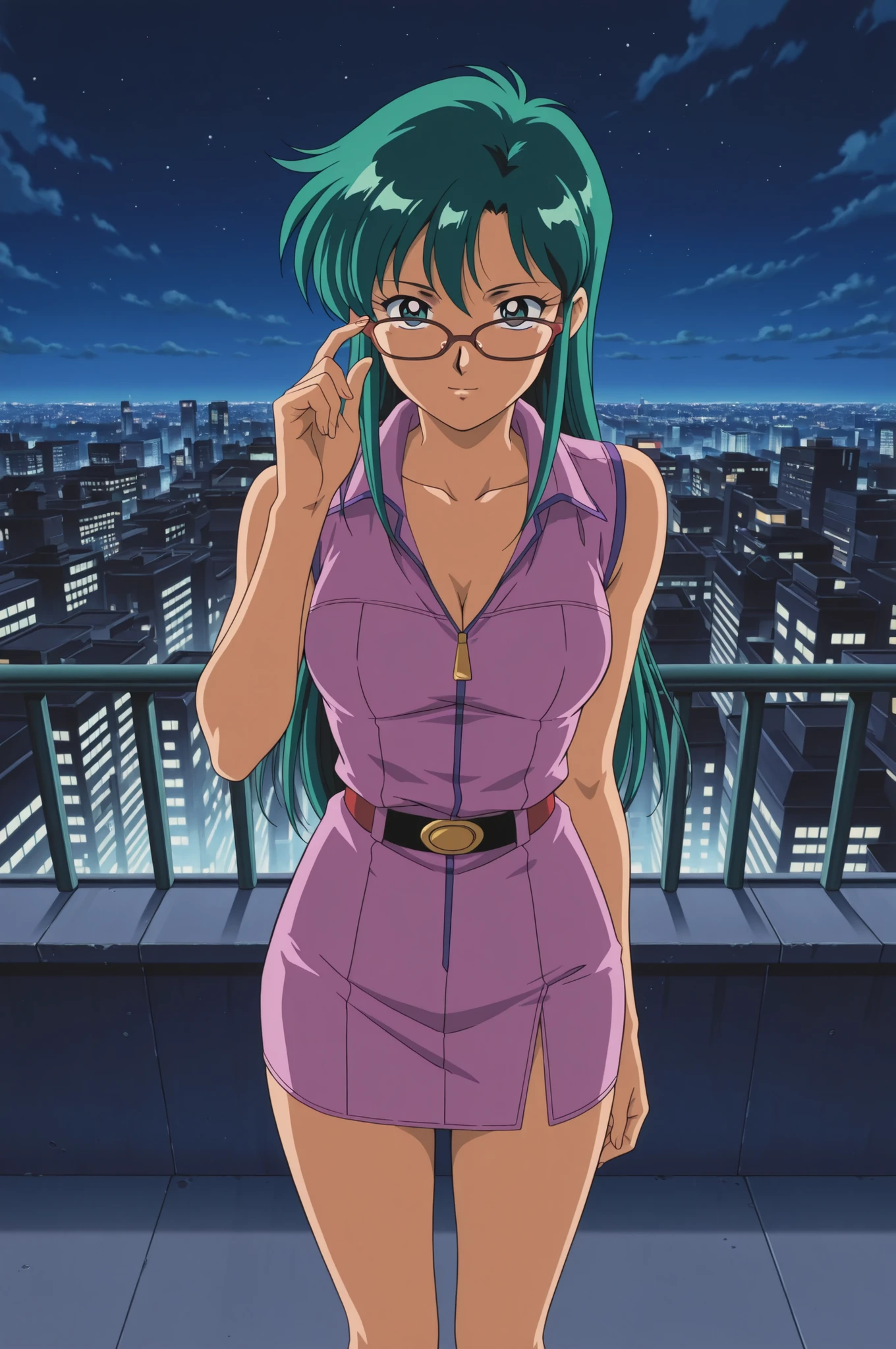 Time Gal with long green hair, dramatically taking off her glasses, standing tall on a rooftop overlooking a city at night, close-up view in a highly detailed anime style