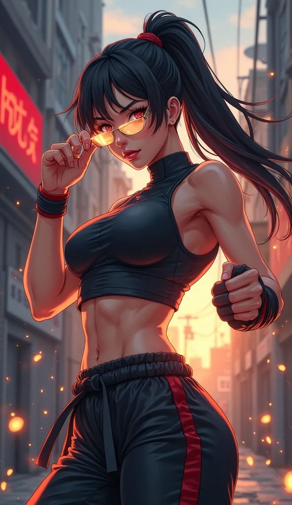 beautiful woman , fighting character design with hiphop influence , anime illustration , photorealistic , fantasy , comic , manga , perfect body proportions with generous curves