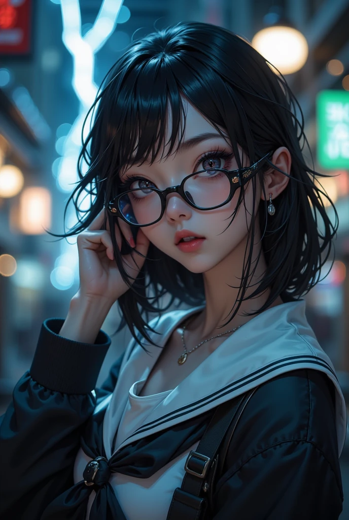 Portrait of a girl, (face: 1.2), detailed eyes, glasses, short dark hair, shiny skin, wet skin, shy expression, outdoors, low angle, closed mouth, smiling, ulzzang-6500-v1. 1, Shallow depth of field, [Volume Fog], cinematic lights, reflections, 8k resolution, delicateabsurdres, (extremely detailed CG 8k wallpaper), (extremely delicate and beautiful), beautiful lighting, (masterpiece), (best quality: 1.0), (ultra high resolution: 1.0), the most realistic photos beautiful artwork in the world, artgerm, cutesexyrobutts, Ed Blinkey&#39;s professional majestic oil paintings, perfect lightning, [clear focus], bokeh, realistic shadows , [High Resolution], Trending, Detailed Skins, (Masterpiece, Best Quality, High Resolution, Image Ref: 1.1), Ultra Detailed