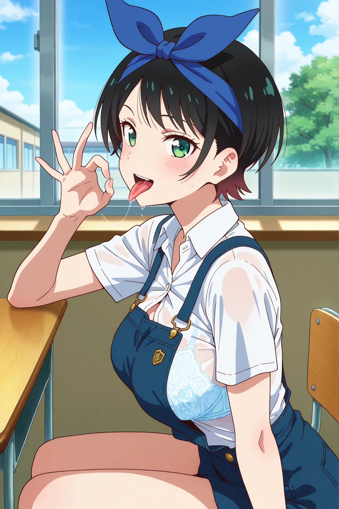 ruka sarashina, short hair, bangs, black hair, ribbon, green eyes, hair ribbon,1 girl, teenage girl,{{fellatio gesture }},shake motion,school uniform,button gap,lace bra visible through clothes,,slender,medium breasts,smile,open mouth,stick tongue out,sexually flirtatious glance,looking at viewer,saliva trail, {from side},portrait,sitting chair,class room,window,sky,perfect anatomy,nsfw,masterpiece,best quality,official style, depth of field, highly detailed, ultra-detailed,super illustration,very aesthetic, intricate, overall detail,Amazing,