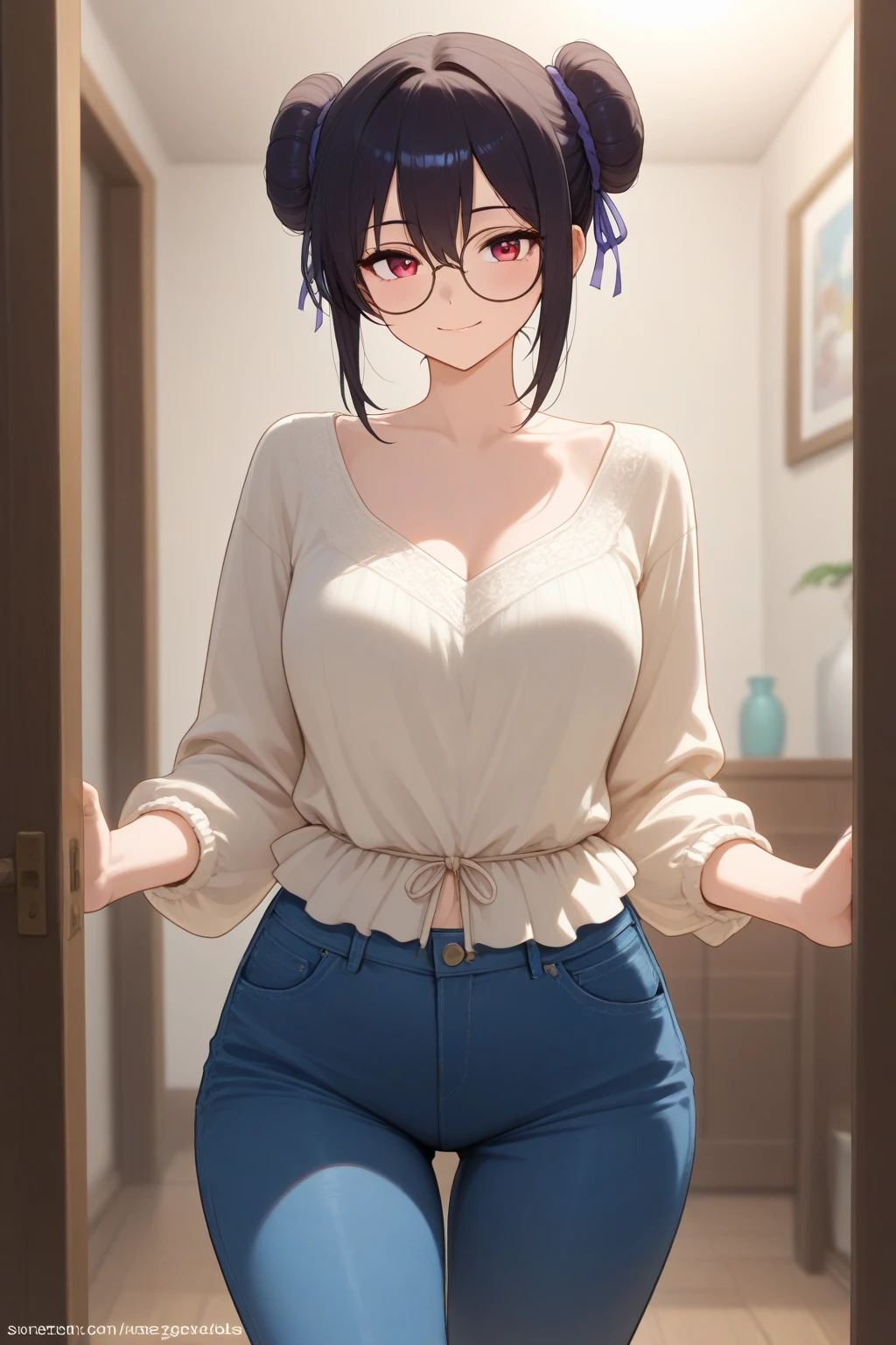 rating: general,  <lora:Makoto_Miyamura_from_LiL:1>, makoto, glasses, solo, blush, black pantyhose, indoors, necklace, striped shirt, seductive smile, looking at viewer, shy, small breasts, blunt bangs, standing, hands behind back, masterpiece, best quality