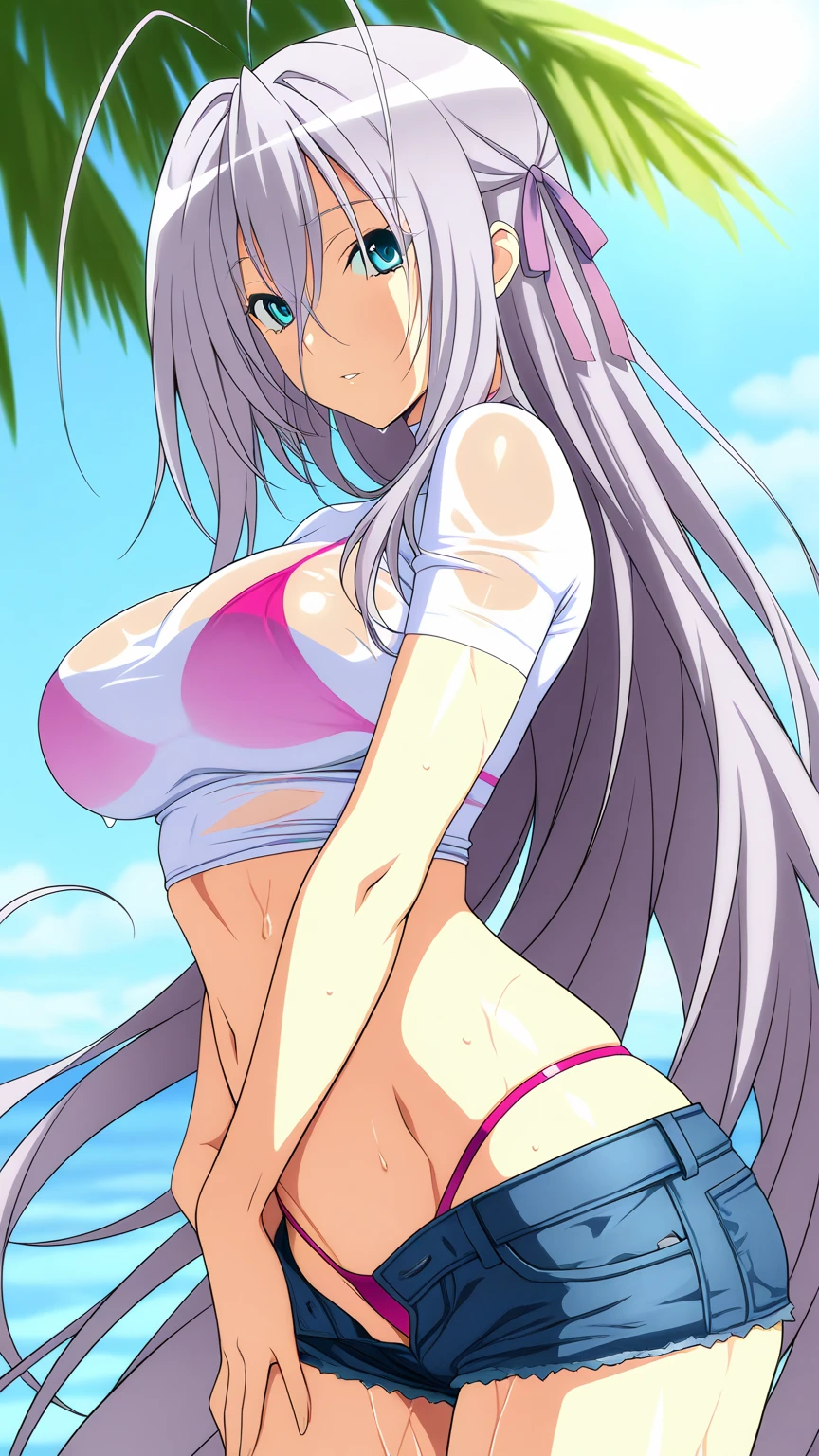 Masterpiece, high resolution, Rossweisse, 1girl, (((bimbo))), white long hair, blue eyes, ear rings, (((bimbo))), puffy lips, painted lips, thick lips, smile face, wide hips, thick thighs, huge round ass, huge natural breasts, white bikini, posing, hand signs,