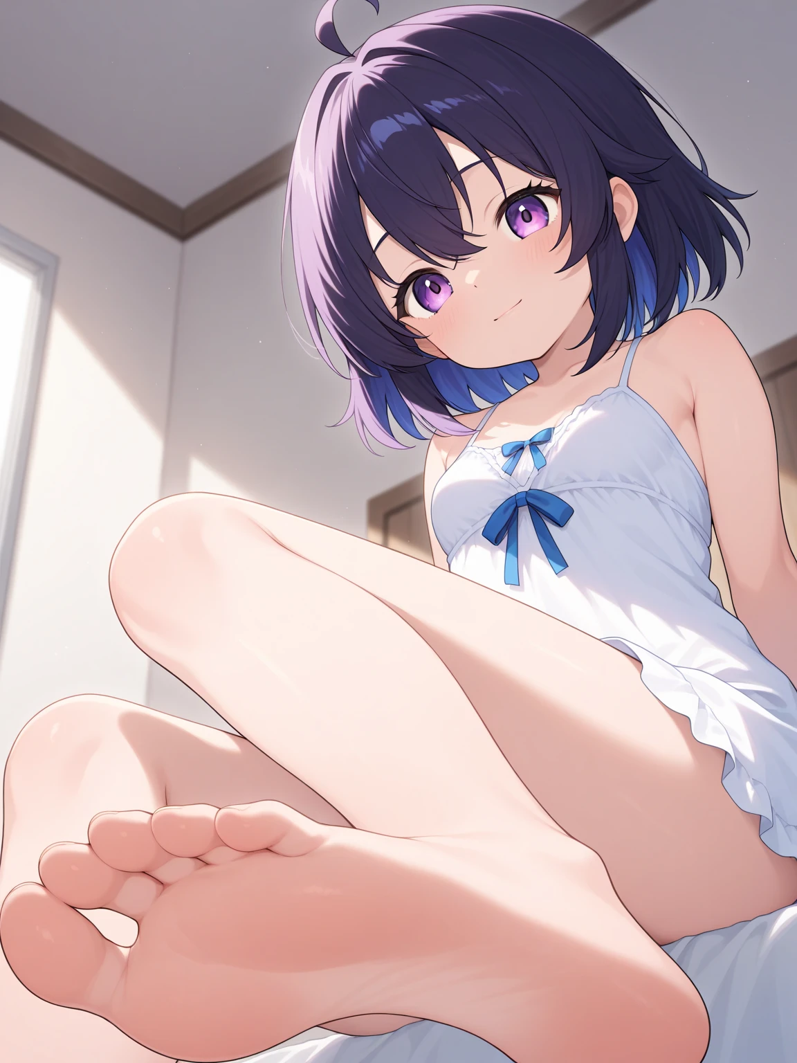 [[anime styled]],[[digitalart]],masterpiece,best quality,Tomomi Saikyou,(red eyes),black hair,Short hair,Hair Ribbon,(midium build),NSFW,1girl,((sitting on the couch,reclining)),((crotch focus)),from below,short torso,[perfect anatomy],,((nude)),((white panties,)),((topless,nipple)),cameltoe,relaxing,smile,blush,spread legs, break background living room,couch
