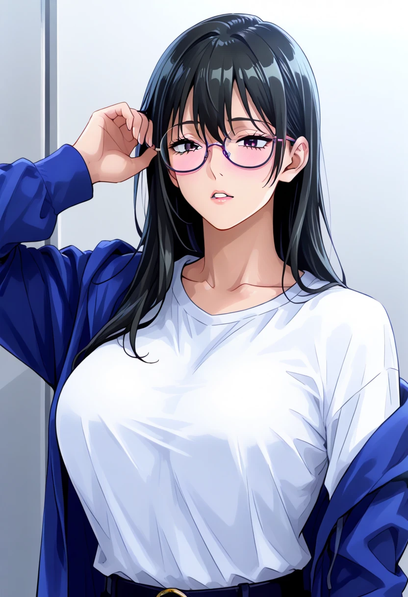 1 girl, long hair, wearing glasses, wearing a  that shows her cleavage, serious face 