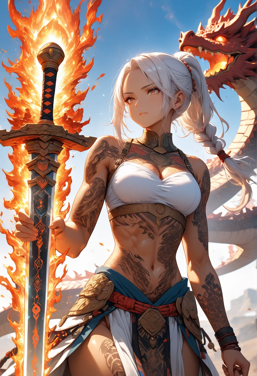 (Highest quality,4K,High resolution,masterpiece:1.2), (Ultra-detailed), (Slender beauty)(Age 27)(Holding a sword:1.3) (Dynamic Art), (looking at the camera) (Dragon Ball Z setting), (The whole body is visible)(Vision:1.8), (Realist,photoRealist,photo-Realist:1.37), (High resolution,High resolution), (Portraiture), (Vibrant colors), (Long legs), (A noticeably elongated face), (Wide range) (Hermosos Fine grain), (Beautifully detailed lips), (Highly detailed eyes and face), , Bright eyes Dynamic angles and postures, Sweatびっしょり, Sweat, (Long eyelashes), (Sharp focus), (Physically Based Rendering), (8 heads,Beautiful female warrior), (Mature Woman) (Leg spread), (intense), (expression of intense desire), (Motion Blur), (elegant), (Slim figure:1.3), (Inspired by anime), (Bright light), (Cinema Lighting), (Contrasting colors), (Mysterious atmosphere), (Action-packed scenes), (Unique Look), (impressive), (Reveal costumes), (Exciting), (Expressive), (Interesting atmosphere), (monster:1.4) ((Highest quality)),((Very detailed)),masterpiece,Absurd,Detailed face,Beautiful Face,(Fine grain, Deep Eyes),((Dynamic pose)), (((Long white hair,Adult beauty,Inspired by Akira Toriyama))),(((Bikini Armor))),grassland,((In battle with dragons,)),Distant view Vision
Wide shot 広角
Long shot
