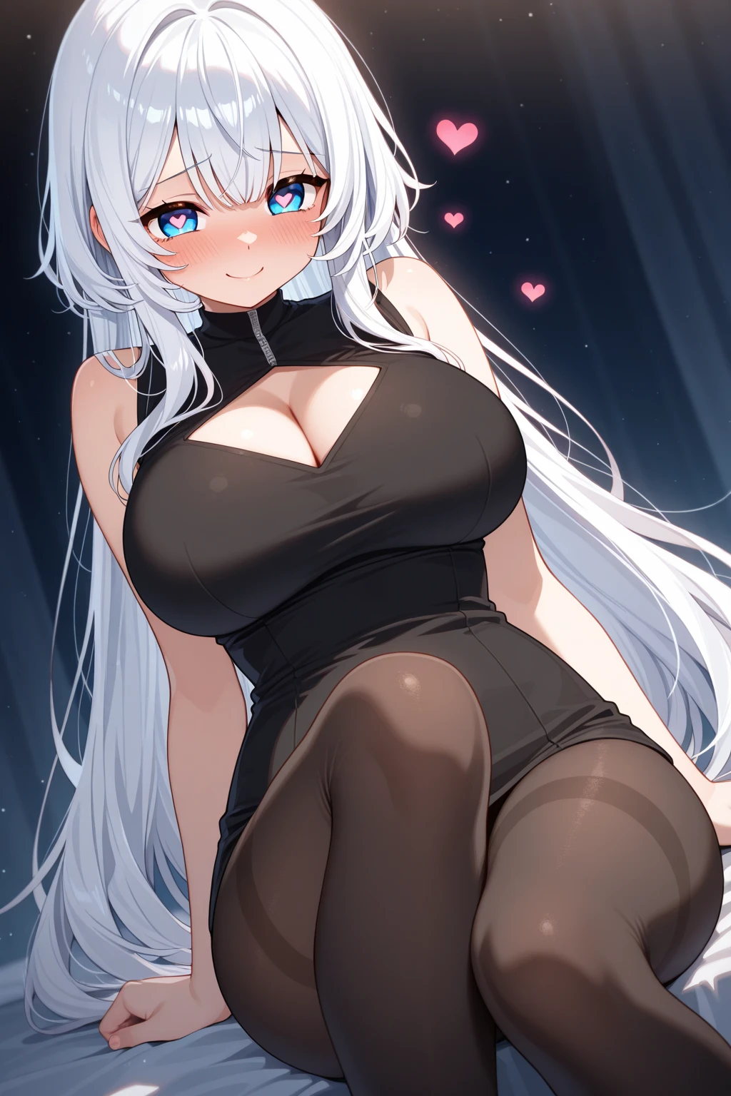 long white hair, stellar blue eyes, Waist slender, strong bodie, defined abdomen, confident and serious face, huge breasts, dark circles in the eyes, Kizi, black wool sweater with high neck, arms with long black sleeves, sexy tight pants, sitting on a park bench outdoors.