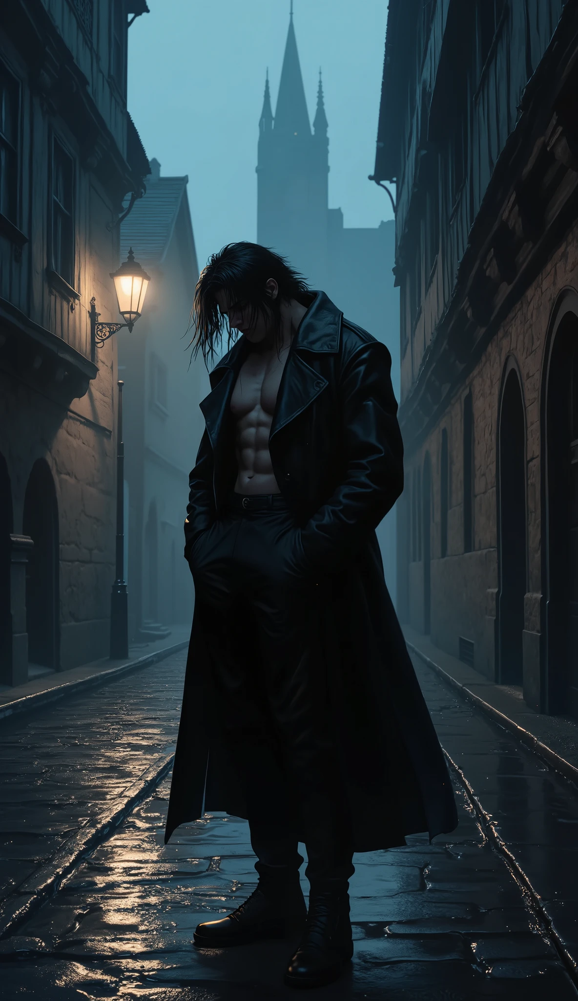 masterpiece, best quality, 8k resolution, ultra-detailed. Cinematic concept art. A full-body portrait of a solitary, brooding young man with long, shaggy jet-black hair, his bangs hanging low to obscure his eyes, head bowed slightly in melancholy. He stands on a rain-slicked, glistening cobblestone street in a deserted medieval fantasy city at night, enveloped in a light, ethereal fog. Ancient gothic spires and timber-framed buildings rise silently in the background. The man wears a long, worn black coat, open to reveal a powerful, athletic physique with a well-defined chest and abdominal muscles. The sleeves are rolled up. He wears loose, heavy-weave trousers, and his hands are buried deep in his coat pockets. The style is a hyper-detailed, exquisite blend of mature manga and cinematic photorealism, reminiscent of Katsuhiro Otomo and WLOP. The lighting is dramatic and atmospheric, employing intense chiaroscuro with sharp rim lighting from a single distant gas lamp, casting deep shadows and creating a high-contrast, moody scene. Flawless human anatomy, perfectly rendered hands with five fingers.