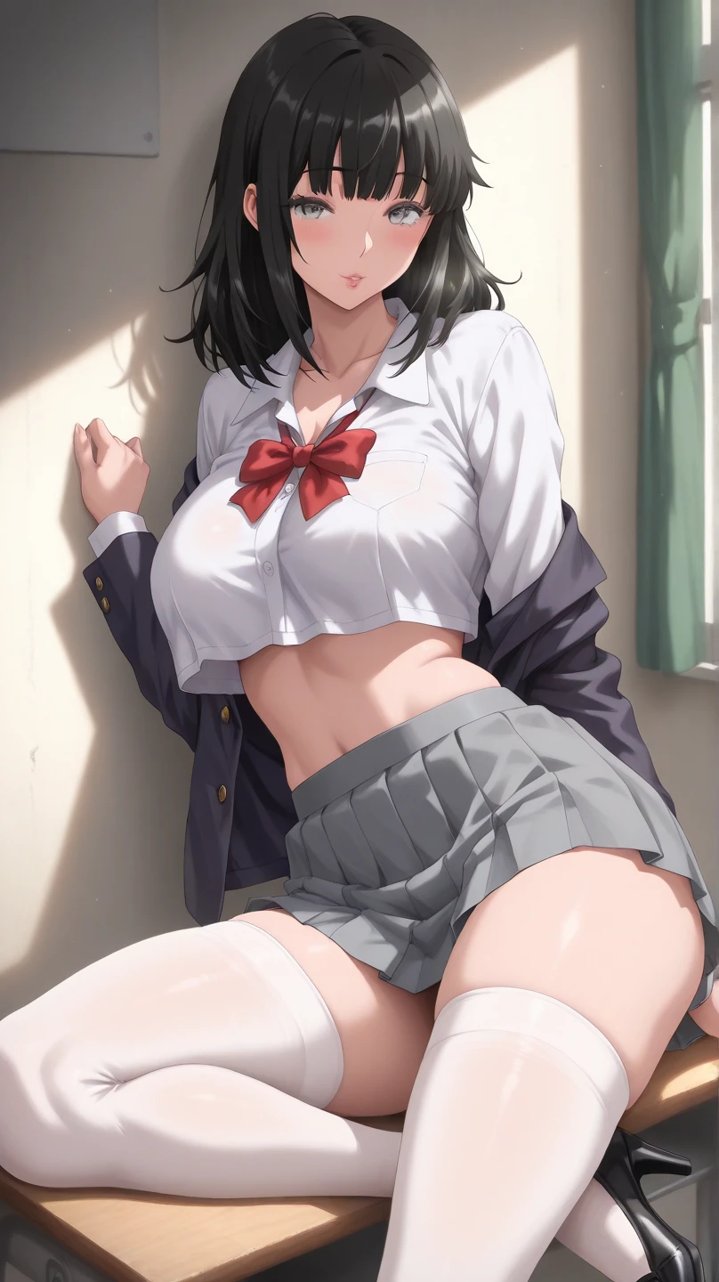 ((highest quality、8k、masterpiece:1.3))、draw beautiful women,Skimpy Japanese uniform、super mini skirt、beautiful japanese woman:1.3、beautiful woman with perfect style:1.4、perfect eyes、gentle eyes、perfect iris、perfect skin、super detailed face、delicate eyes、double eyelid、long sleeve japanese uniform、((open your legs on the chair:1.36))、(skirt lift:1.22)、((Lift up the uniform and skirt with both hands to reveal the white thong panties.:1.41))、((wearing black socks and black loafers:1.33))、See here、((I can see the nipples:1.33))、((very big saggy breasts:1.48))、See here、(((big nipples))、((big breasts:1.48))、((navy skirt))、(look up from below)、((black hair braid:1.36))、((Are crying:1.3))、In a well-lit classroom、((Push the thong panties into the crack))、((A man peeks out from below:1.3))、((Her white shirt is rolled up and her breasts are visible.))、((glasses))、
