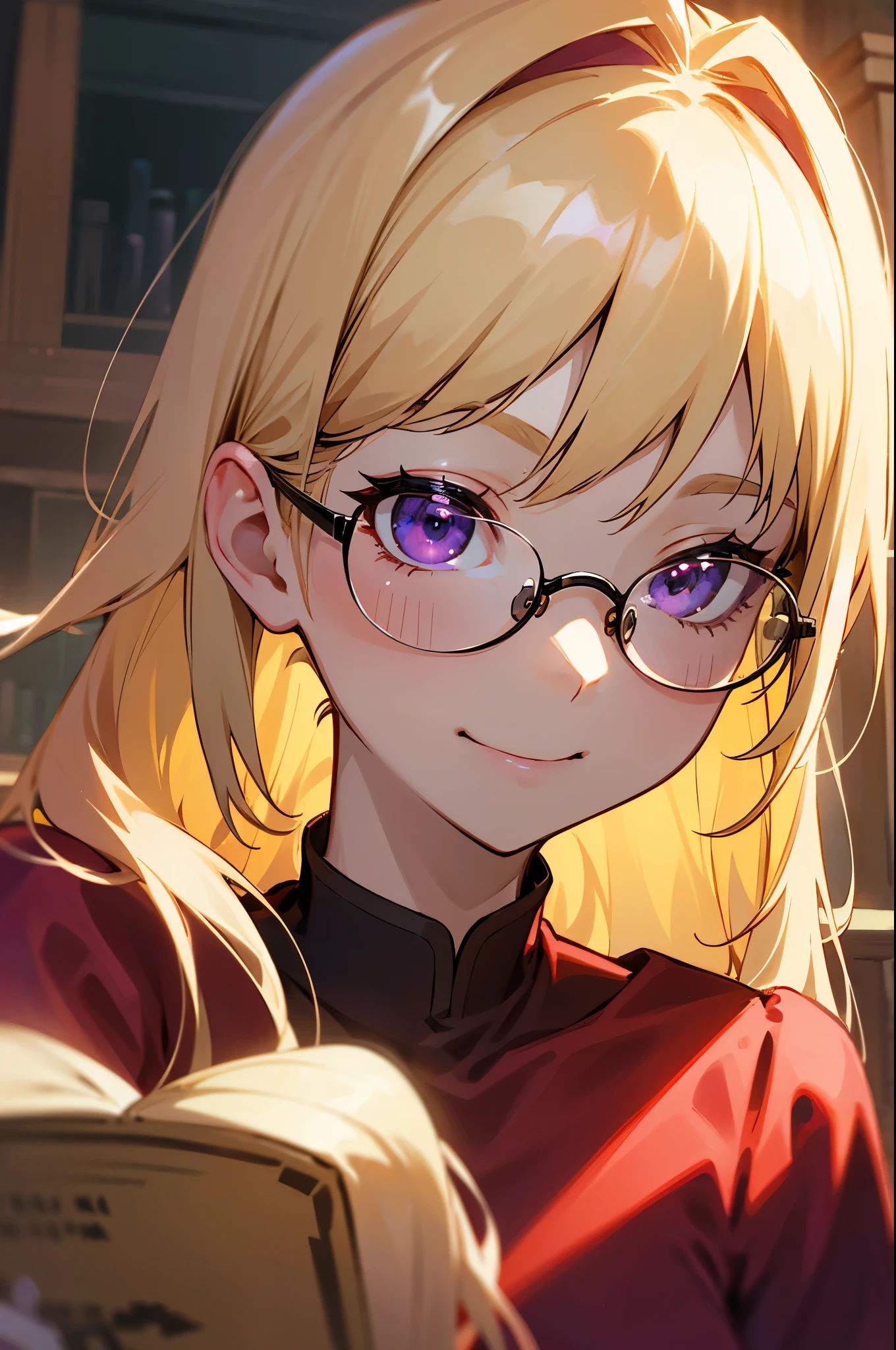 womanhood、Blonde、No bangs、straight hair、hair gathered at the back、purple eyes、glasses、black off-the-shoulder innerwear、red dress、long sleeve、Smile Yan、upper body close-up、Bookshelf、 face portrait of a 50 year old man standing in front of a fireplace 、Put your hands on your glasses、Spacious interior