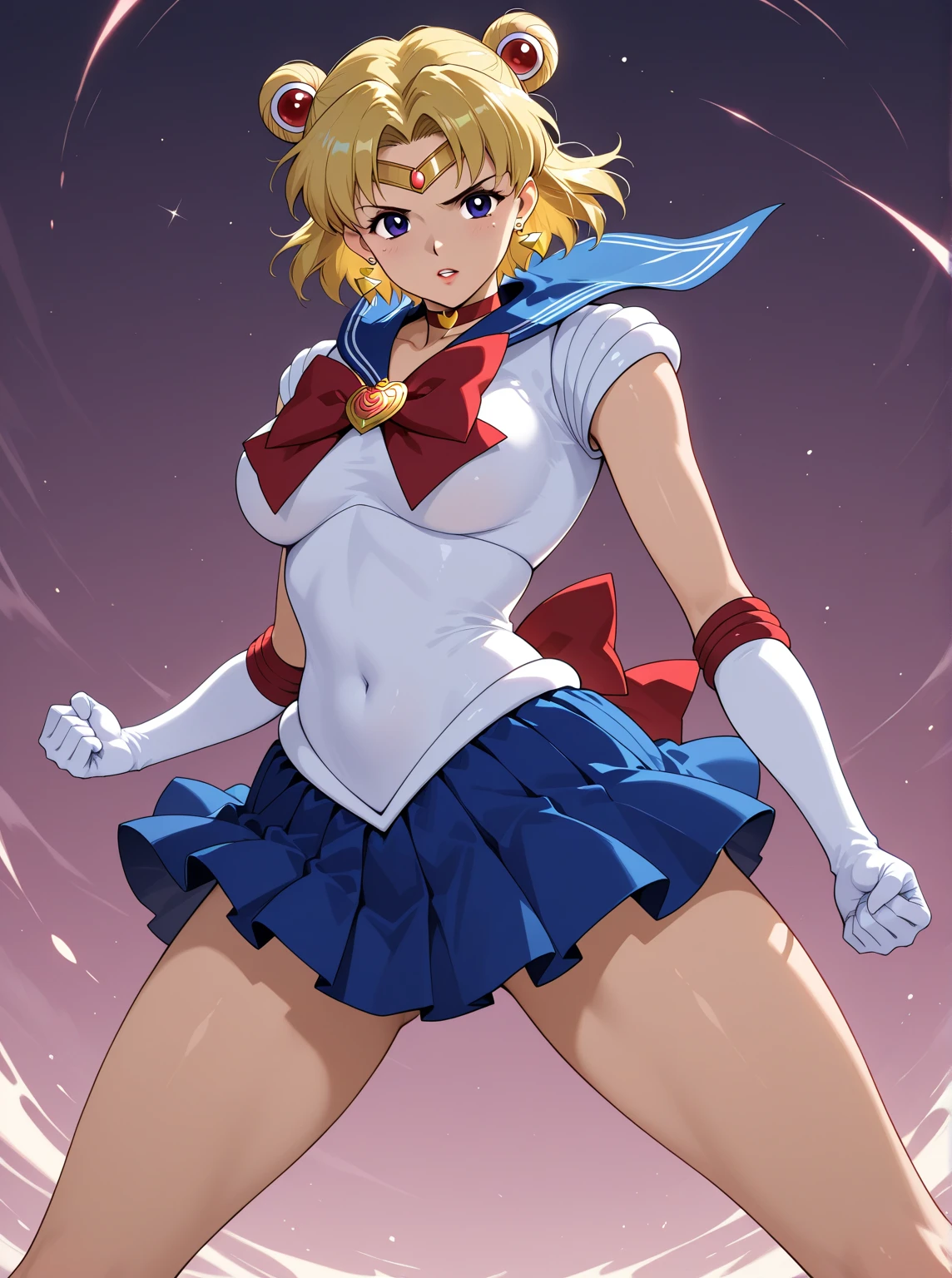 igawa, view at viewer, light smile, medium breasts,bouncing breasts,cleavage,blonde hair,bobcut, purple ,((Sailor Moon: 1.1)),(no bra,underboob:1.1),(sweat gleaming skin:1.1), outdoors,sunlight, spotlight effect,bright sky, blue sky with clouds,strong wind, (old castle),(highres, high quality:1.1), intricate details, cinematic lighting, 1girl,(red blush,embarrassed),dynamic fighting pose,,dynamic angle,from below,cameltoe,show off panties,erected nipples,navel