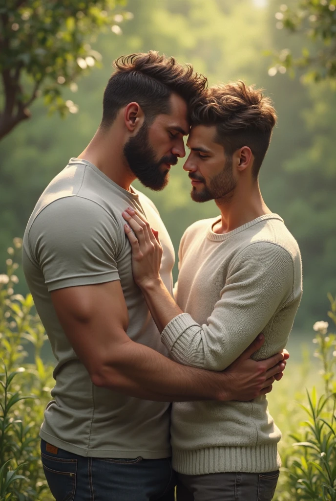 Portrait of a passionate kiss between two lumberjack-style men, wearing plaid shirts, long and well-made lumberjack style beard, large bodies, short hair cut to military style machine, very romantic scene at sunset. Extremely realistic portrait, 50mm lens, dramatic lighting