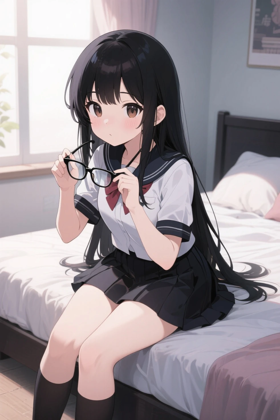 masterpiece, Sharp Focus, Delicate beautiful girl, long black hair, Glasses, Wearing a white coat over a sailor suit, NSFW.