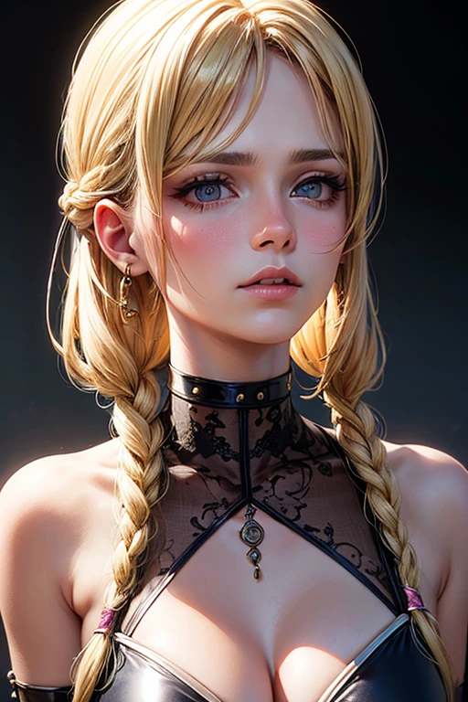 Realistic eyes, upper body picture, standing, beautiful lady, blonde long braided ponytail hair, dark eyeliner makeup, hyperdetailed photography, soft light, realistic eyes, hyperdetailed eyes, hyper realistic, 16k eyes in focus upper body, very high quality image, extreme details of realism, ultra definition, 16k UHD,