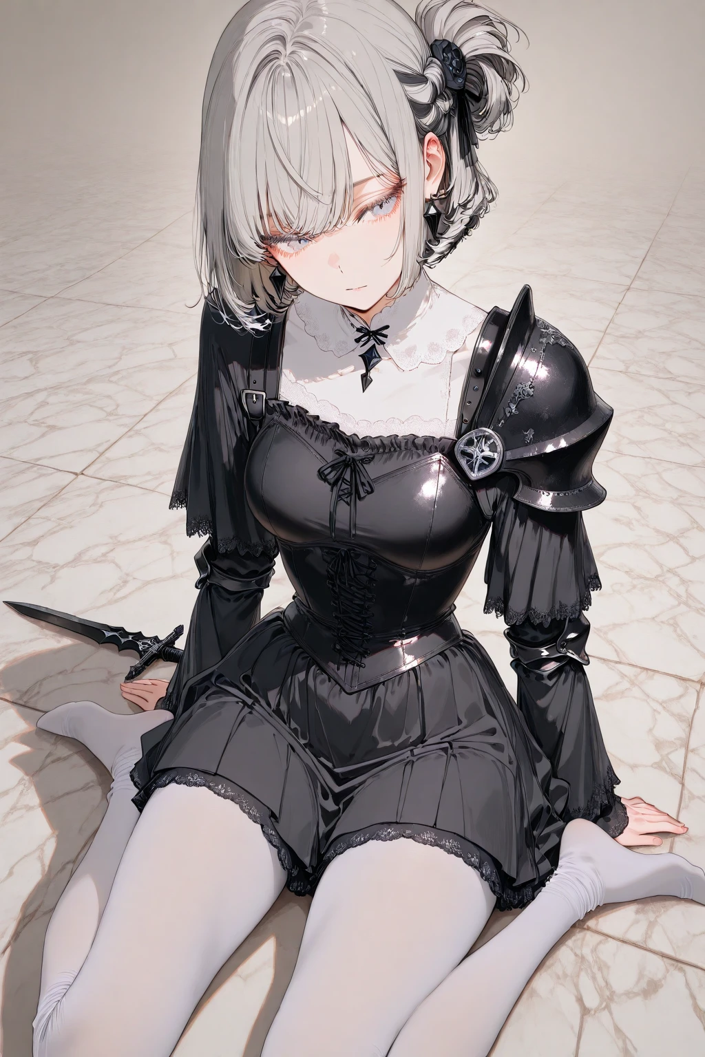 (Masterpiece, best quality), detailed, (medieval royal demonic plate heavy armor), athletic, busty, demon, demon girl, detailed beautiful purple eyes, detailed face, white hair and white skin, braided ponytail, demon horns, full of details.