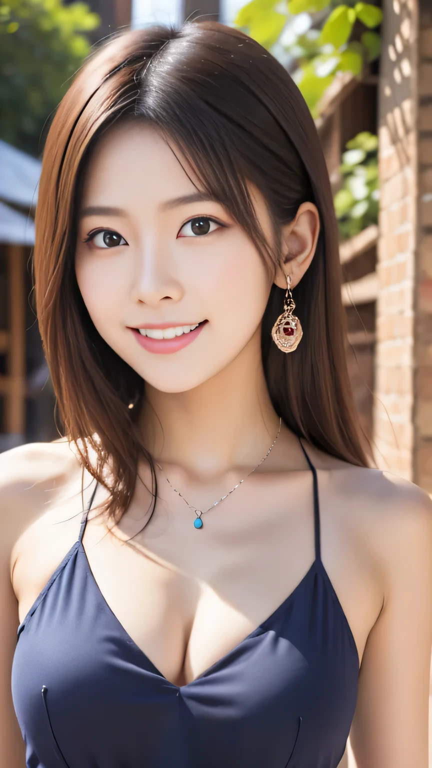 Clear Beauty、Black Hair、Wavy Hair、Necklace around the neck、smile、Beautiful teeth alignment、Woman in swimsuit、Open your mouth a little、Intricate details, Very detailed:1.2), 、 Looking into the camera,background is indoor pool、ear piercing