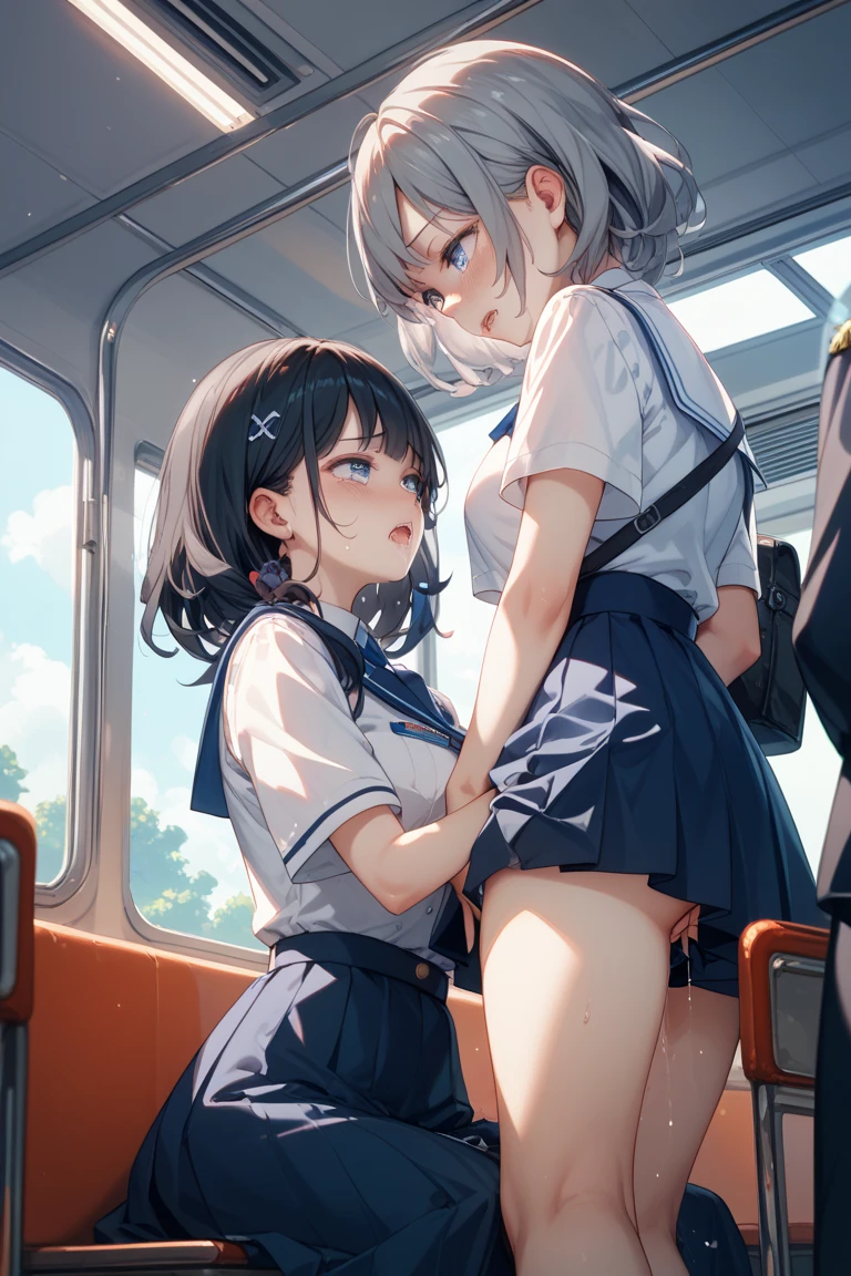 8k, RAW portrait (japanese woman), masterpiece, Photoreal:1.3, realistic, ultra high resolution, highest quality, real life photos, (in the evening :1.1), 2girls, (different hair style), (beautiful detailed face:1.1), (school uniform), (sailor uniform:1.2), (skirt), (blush:1.3), (large breasts), (smile:1.2), (dark_purple silk_panties:1.4), (silk), (cameltoe:1.4), (sitting on train chair), (open legs), (train), (skirtlift), (tokyo), (censored:1.2),