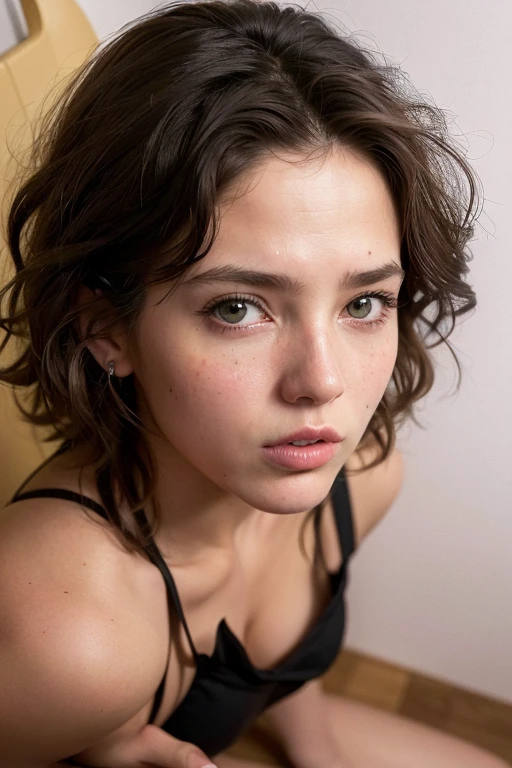 curly, brown haired, brown eyed, serious faced, nose percinged, chubby, freckled, black top wearing ladys face, portrait, front view