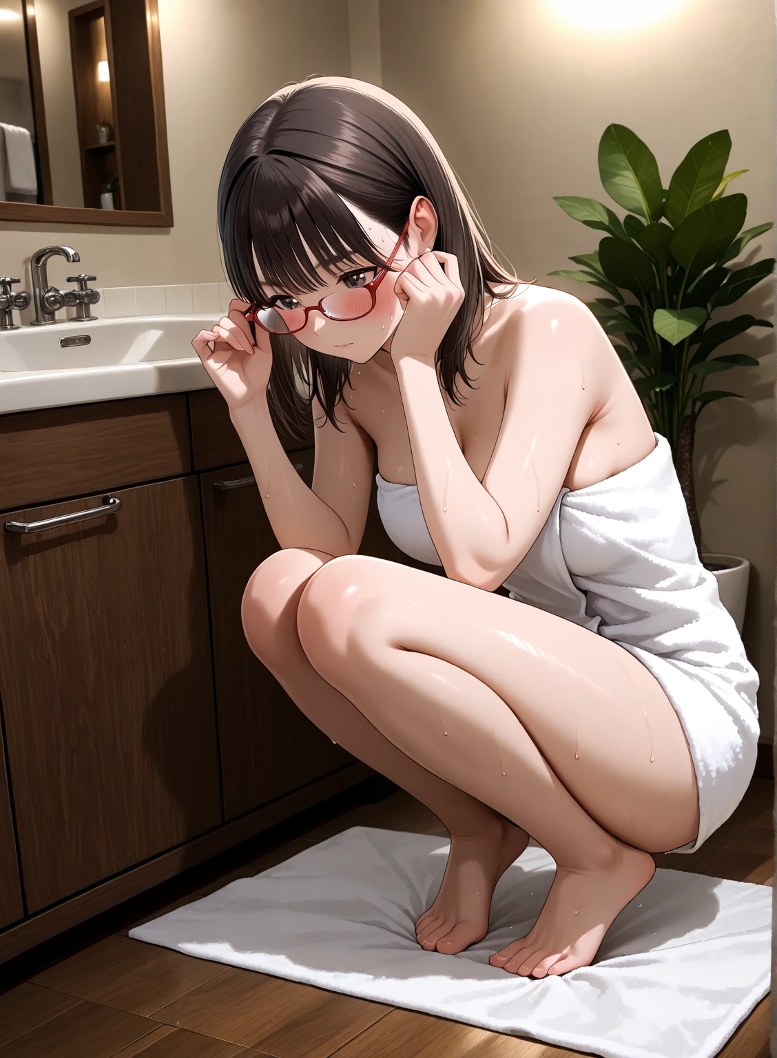 (((megami magazine))),(masterpiece)), ((top-quality)), (The ultra-detailliert), ((kawaii)), cute little, (Wonderful), ((ighly detailed)), 4K、 (8K), top-quality, (Beautiful fece),(((World-class quality))), ighly detailed, hight resolution,(((独奏)))、(((short bob hair with brown hair)))、(((small bangs)))、(((almost no bangs))).((((put out one's forehead)))).((((Bangs parted in the middle))))、(((Brown hair))).(((Detailed depiction of the thigh))),、(((White bathrobe))).(((((Banknotes scattered on the floor)))))、(((Detailed crotch depiction)))、(((Open your crotch)))、(((White liquid dripping))).(((A slight smil)))、(((red blush)))、(((Beautiful body lines))).(((slightly larger udder)))、((Crab crotch)).(()).((Putting out the chest)).((Sit in the bathtub))、((barechested)),((Look down at me))、(((limp))).(((perspiring)))、(((Emphasis on the crotch)))、((((bath room))))、(((natta))).(((Opening legs)))、(((Grabbing the udder)))、(((Composition seen from the feet))).(((Look down at your feet)))、(((Slouching)))、(((Composition seen from the side))).(((Red mat)))、