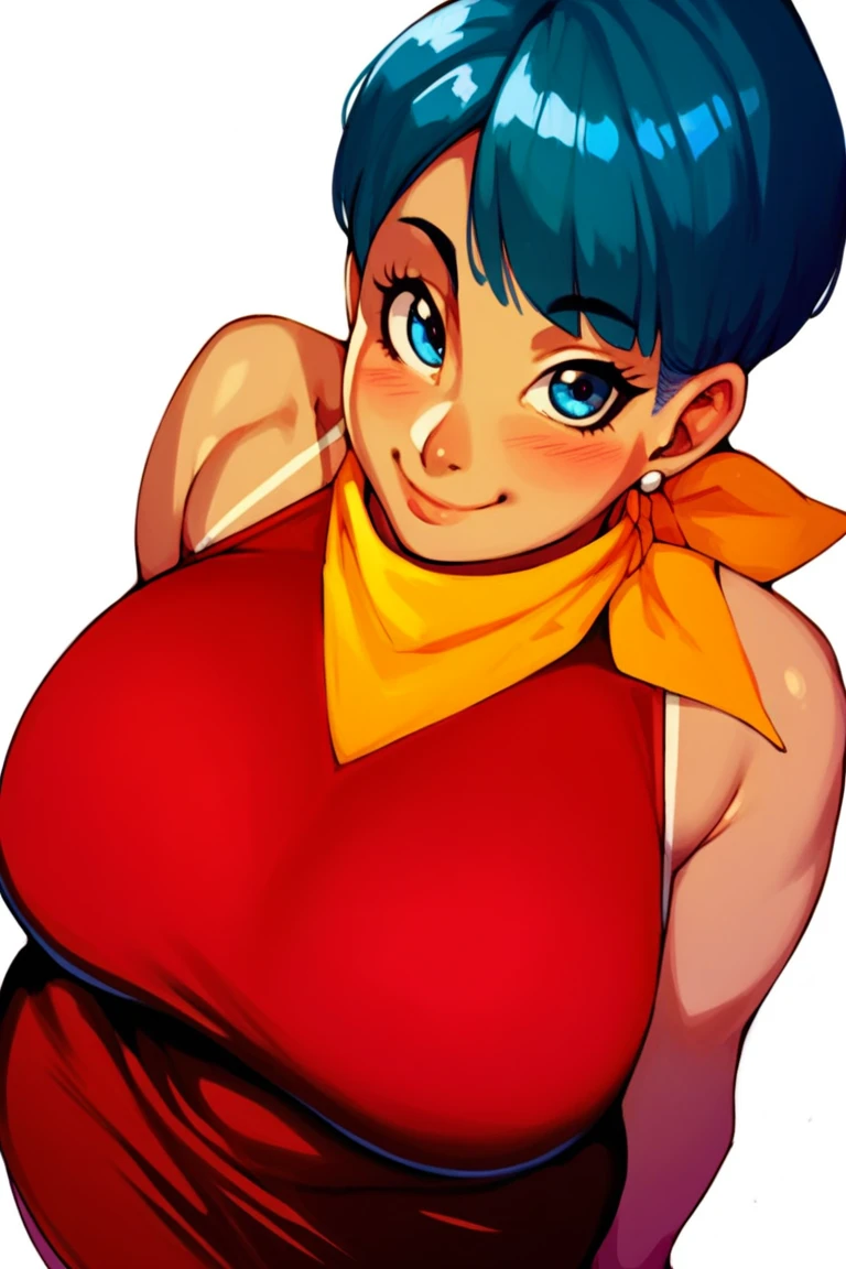 masterpiece, best quality, ultra-detailed, illustration,masterpiece, Best quality, high resolution, high resolution, masterpiece, best quality, highres, dragon ball, blmshort, aqua hair, very short hair, earrings, jewelry, red dress, medium breasts, yellow scarf, short dress, sleeveless,big breasts, cleavage,beautiful detailed eyes, looking at viewer in a seductive look, close up, (arms behind back:1.2), (from above:1.1),big sized breasts, attempt to seduce, standing,(blush),sad,((black lace panties)),((show panties))