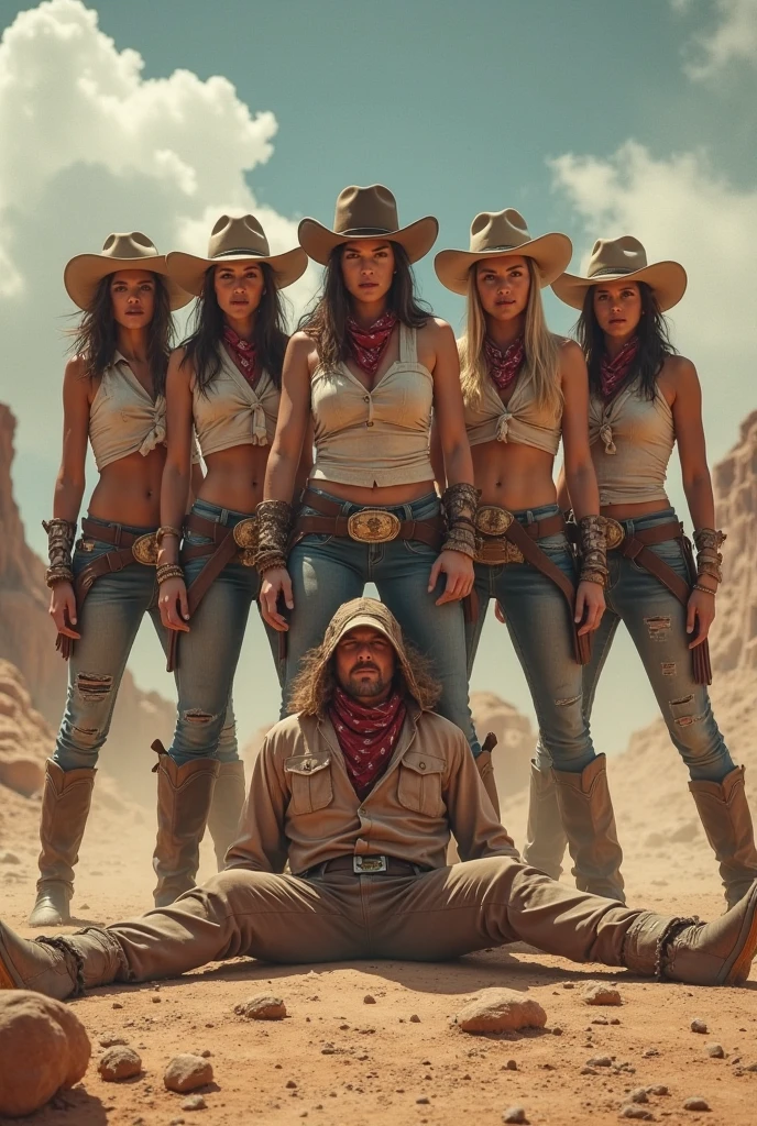 (1femboy chatting with elderly bystanders), very very very beautiful femboy, femboy-cowgirl at wild west frontier, bikini top, flat chest:1.2, denim hotpants with bulge, cowboy boots, fullbody rear-view pose, rear view, cowboy shot, surrounded by wildwest frontier town vibe, outdoor, skin glistening, sharp quality,