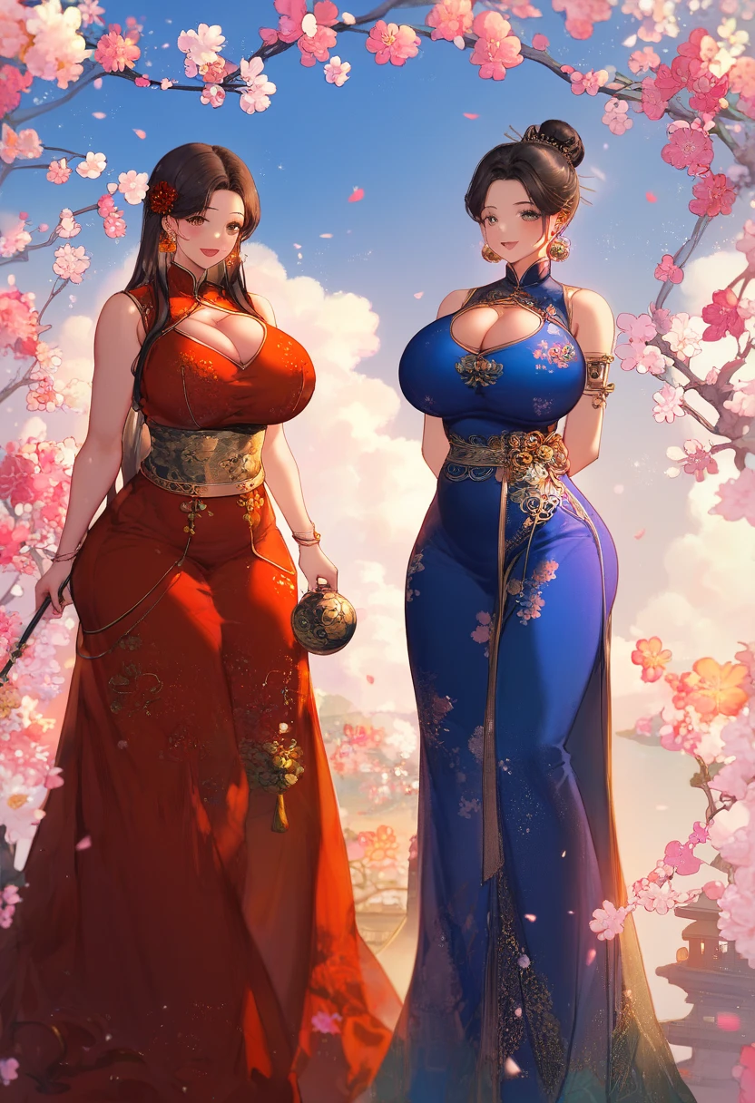 （8k ，Super detailed，Hyper-photorealism，The best masterpiece，Nature，Perfect work of art，Perfect female body），Two cute busty girls ，（large tities），Antique Flower Wedding，Antique Flower Wedding，Chinese red wedding dress，Phoenix Guanxia，Fashionable Hairstyle，Elegant and sexy bride，On a quaint street，Wear a sexy retro red wedding dress，Built-in thong，Large cleavage，，Stretch the meat，Sexy bulge，Exposure ，tit，full-body shot