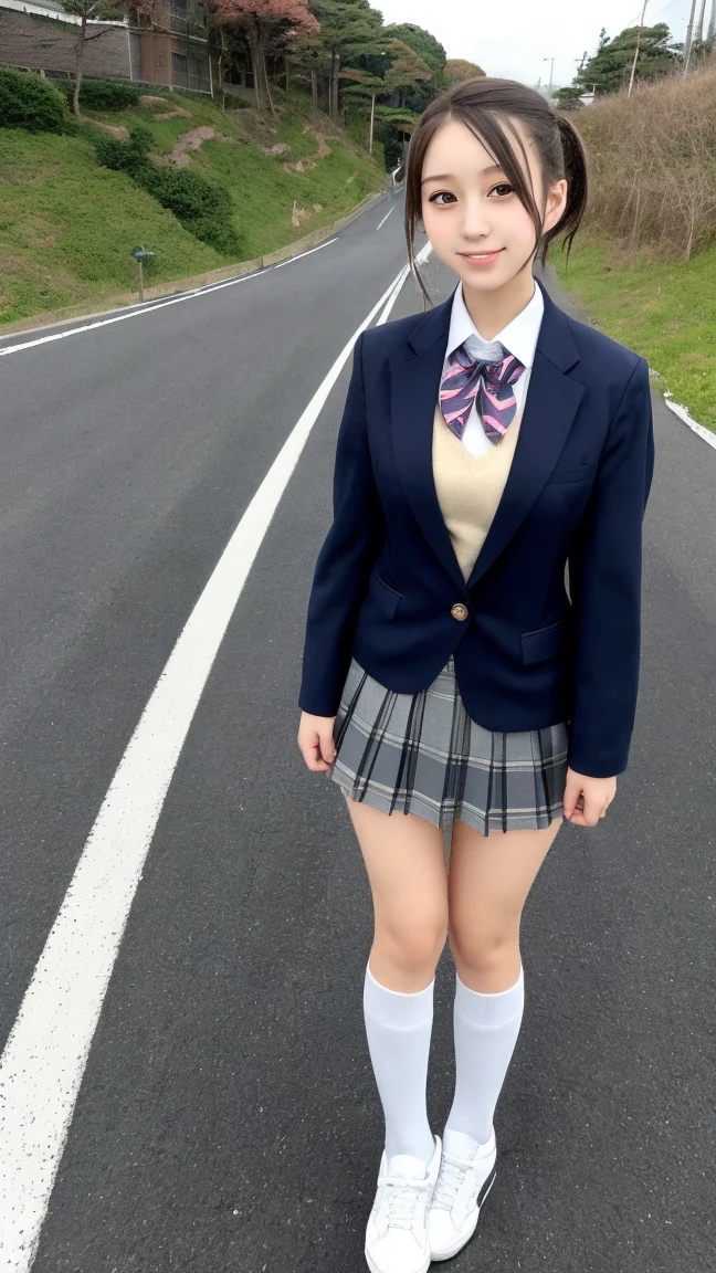 Very detailedな CG Unity 8k 壁紙, Highest quality, Very detailed, masterpiece, Realistic, photo Realistic, Photographing the whole body from a distance、Very detailedなかわいい 14 歳の女の子, (((Try lifting your skirt))), (Lift it yourself),  Camel Toe、Natural Makeup、(masterpiece:1.3, Highest quality, Ultra-high resolution, Very detailed), (Realistic:1.1, photoRealistic:1.4)、School Life、In the classroom、Enjoying alone、Blushing、Xiaowa、Beautiful detailsまでこだわった髪, Beautifully detailed face, Beautiful details, Camel Toe、Beautiful clavicle, Beautiful body, Beautiful breasts, Beautiful thighs, Beautiful feet, Beautiful fingers, 
View your viewers, 1 Girl, Japanese, 14-year-old girl、smile、Perfect Face, (Perfect Anatomy, Anatomically correct), Cute and symmetrical face, Baby Face,  細部にまでこだわったWhite skin, Skirt flip、Camel Toe、Skirt flip、((Lower body naked))、((Wear loafers and socks))、(Cute side twin tails:1.5,brown), Asymmetrical bangs, black eye, Long eyelashes, (Small Box)、Very slim figure、thin, blush, Lips parted, Looking at the audience  ((Navy blue blazer school uniform))、Checkered Pleated Skirt、Ribbon tie、In a Japanese classroom、Detailed slender legs、White skin、Skirt flip、Camel Toe、(2 legs、Black knee-high socks:1.2)、((One young junior high school student))