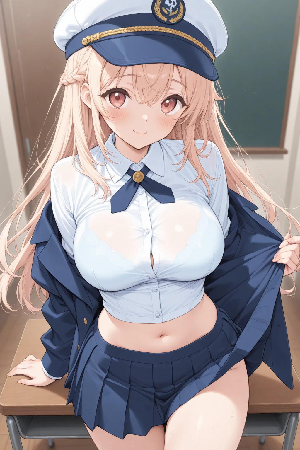 (1woman), school, blonde full bangs hair, eyes dark blue eyes, cute kawaii, panties white panties, necklace, nipples, flat chest, BREAK, white sailor fuku, at classroom 