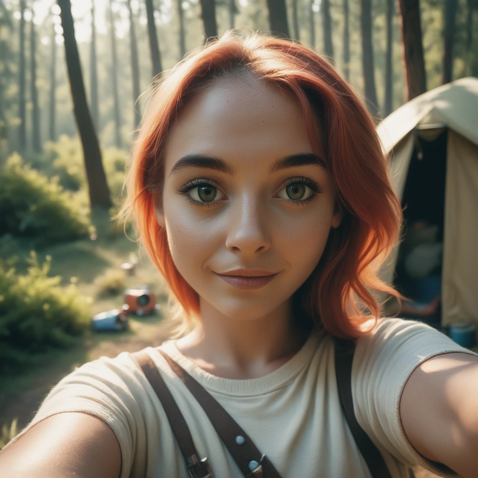 1girl, ((redhead)) with ((orange hair)), blue eyes, ((Joana Gate)) 23 years old, piercing eyes, HD , Photography, movie, cinematic, ((slim waist)), Realistic, (8k, RAW photo, best quality, masterpiece:1.2), (realistic, photo-realistic:1.33), best quality, cute,natural lighting, depth of field, film grain, sharp, detailed, ((facing camera)), she s in the middle of frame, ((taking a selfie)) in the jungle waterfall, 
