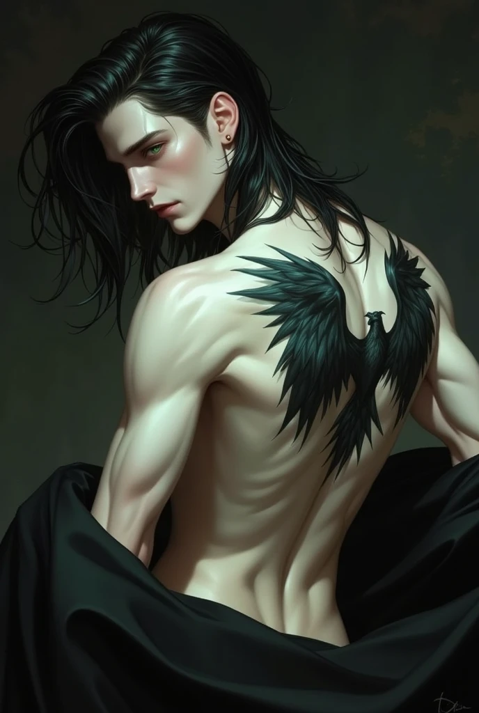 A tall, thin boy with large muscles only in the shoulders and legs and the rest of the body very defined has the waist thin and small, platinum and white hair his clothes are dark gothic, smiling, eyebrows and lips thin and many tattoos on the neck, hands, arms and torso. Pircing's in the ears mouth shadow navel tongue, man, gothic, dark, dark environment, anime style, auto resolution, metalhead, rock, bangs on the forehead, HD and chains.