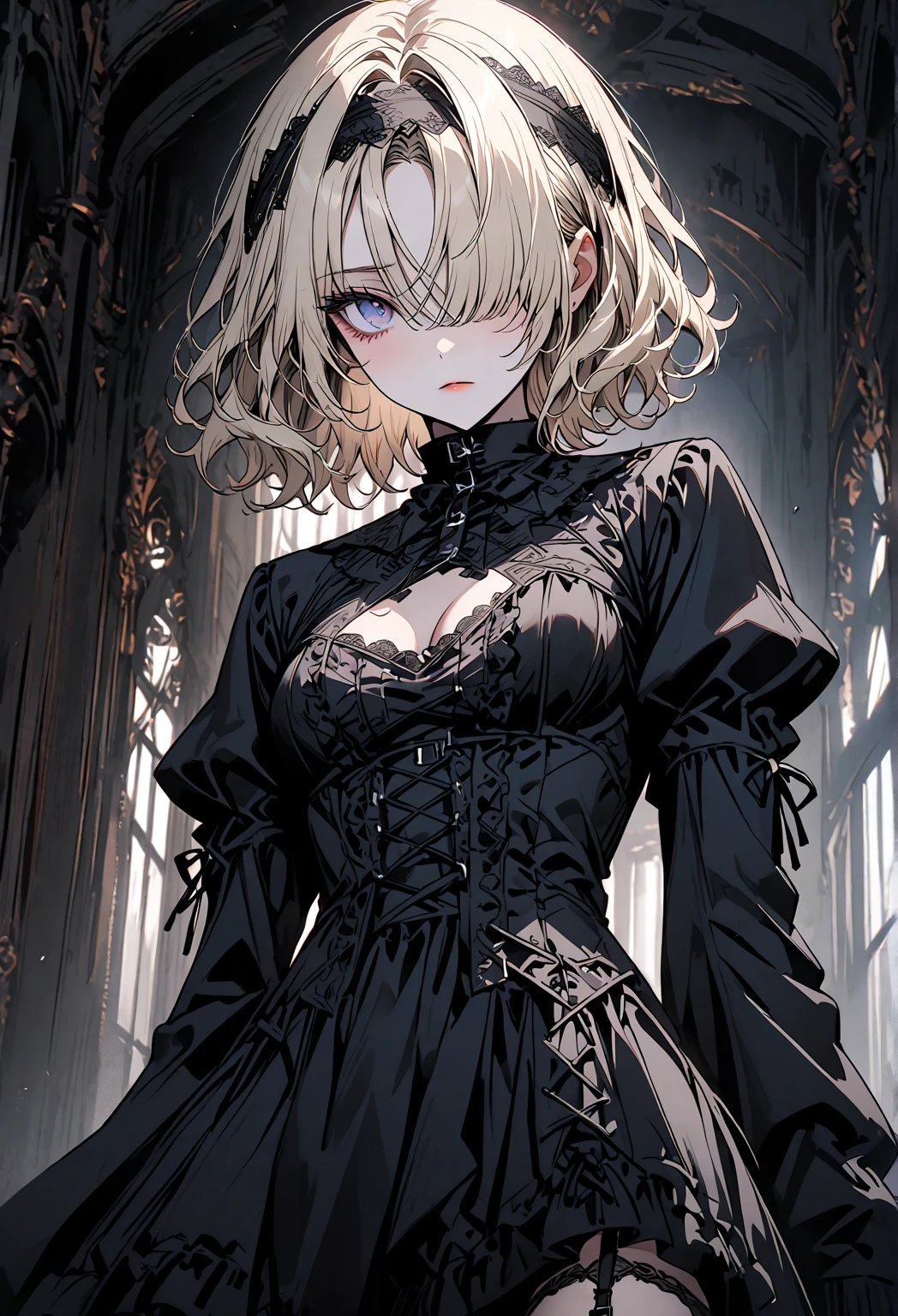 (masterpiece:1.2), (highest quality:1.2), Perfect Eyes, Perfect Face, Perfect lighting, One girl,bob, Complicated hairstyle, compensate, Thick eyelashes, Dressed as a goth girl, Black and white dress, Frills, ribbon, Puffy sleeves, Exposing shoulders, Lace choker,fighting,battle field,blonde hair,from below