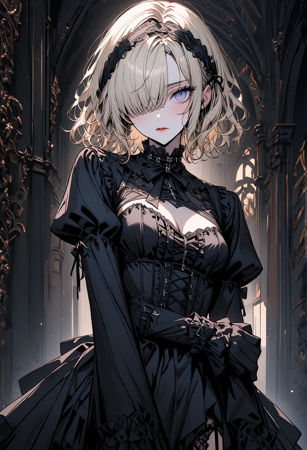 ((Highest quality)), ((masterpiece)), (detailed), anime Fairy magic City monochrome romantic Calm Retro Style Elegant and detailed feather design Vintage Dresses accessories Light effects Gothic goddess Silver hair femdom