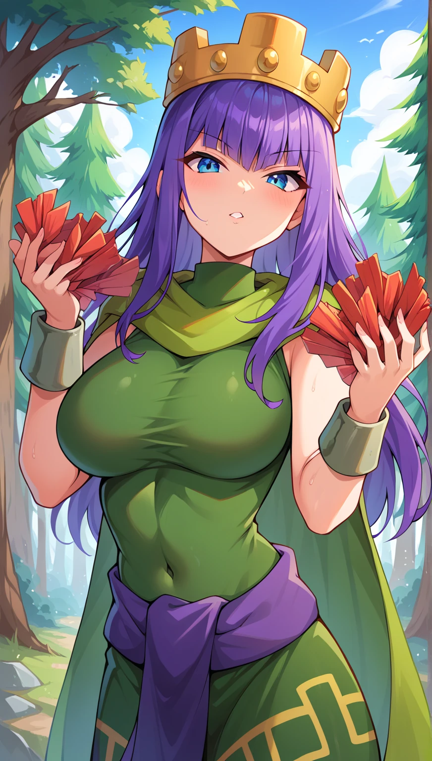 Archer Queen, ((Green Outfit)), purple hair, violet eyes, purple belt at the waist, ((Hands down)), Smile, Sleeveless, Highly detailed, ((????????????)), wide ????, full length, 独奏, The Heart Effect, blushes, Detailed fingers