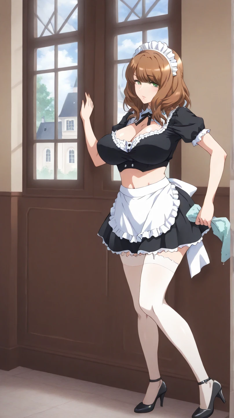 ((nsfw, nude, topless,show off nipple,highest quality,aroused,beautiful busty,beautiful pussy, masterpiece, High resolution)),1girl, solo, Super huge breasts,plump,Whipped thighs,all body, portrait, ahoge, sidelocks, wide sleeves, hair over one eye, ((((1 girl,miniskirt Maid,)))),(((bitch,,bedroom,sensual pose,garter straps,breasts blowjob,looking at viewer,masturbation,huge nipples,pink pussy,stockings,smail,spread pussy,many pubic hair))), long sleeve