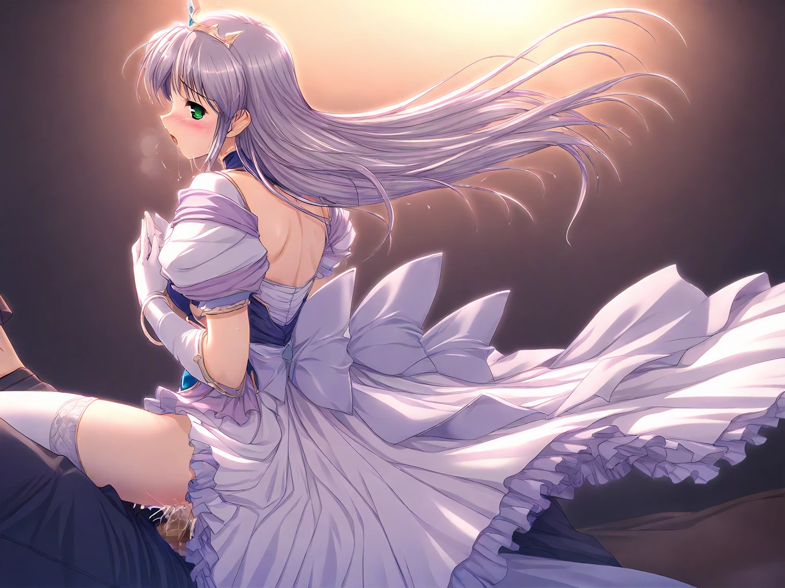 lynn minmay, 1girl, solo, twin drills, blue hair, wedding dress,