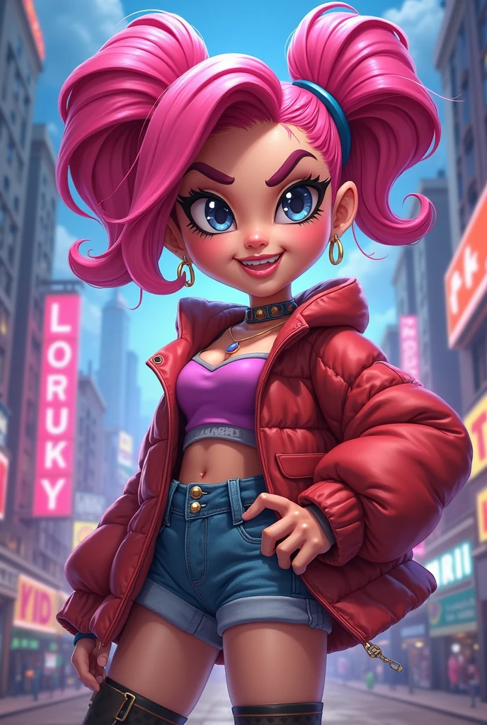 brawl stars, female character, younger, cute, pink fur, gothic black clothing, purple eyes, rocker
, , estilo brawl stars