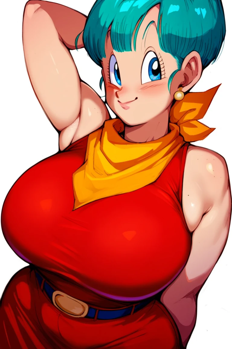 ((masterpiece, best quality)),(complex light), 1female,solo,upper body, goku,black hair,black eyes, smile, Huge breasts, Huge ass, wide hips, curvy, thin waist, orange and blue gi, blue martial arts belt, (torn clothes:1.2), solo girl, armpits, arms up, back veiw, looking from the behind