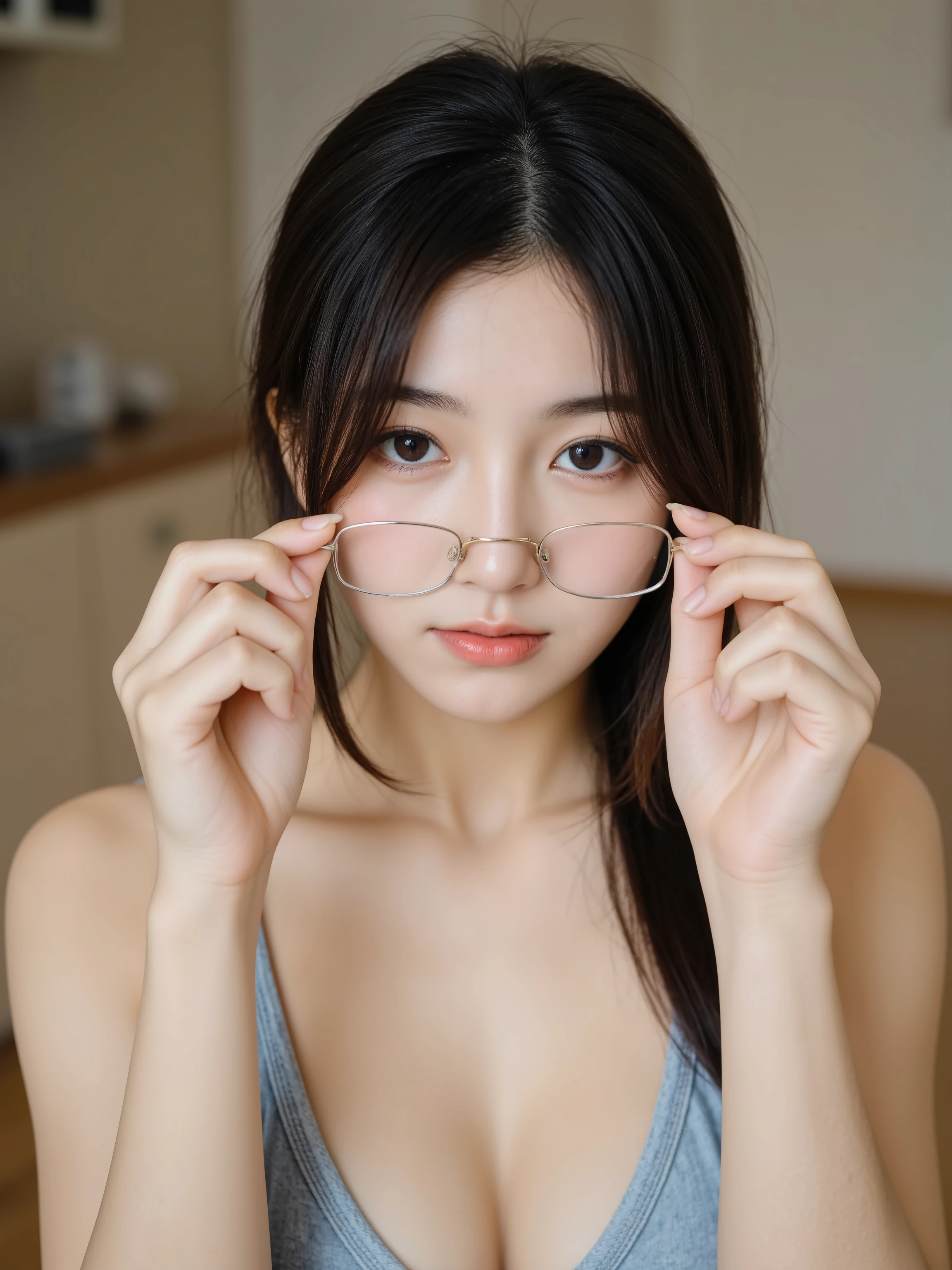 detailed hands,Huge Breast,cute young Japanese woman wearing glasses, is completely naked wearing nothing, I'm holding my glasses with the index fingers of both hands,Expression with pointed lips,4K Realistic Photoshoot,Portrait,Natural light indoors,Natural Skin Texture,Rui々New Hair,Delicate Expression,Relaxed Atmosphere,High Quality,Masterpieces,Ultra Fine,real photos,Professional,bright colors,bokeh effect