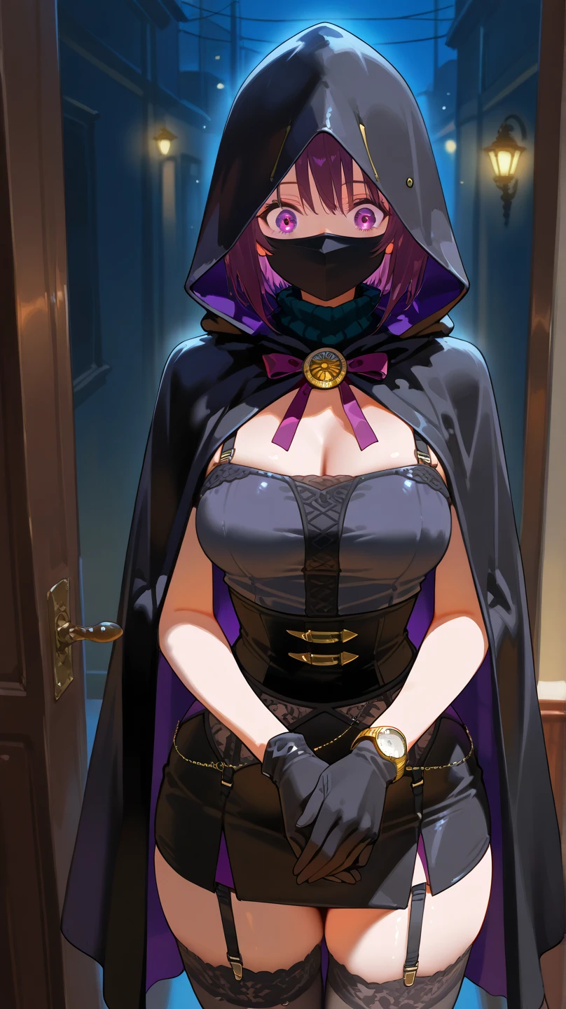 A high-quality masterpiece featuring a girl with expressive and perfect blue eyes and a flawless face. She has a pixie cut with medium grey hair and striking grey cat ears. Her short stature and slim build are accentuated by a smile, open mouth, and a long cat fangs peeking through. Adorned in a Halloween cape and a violet witch long dress, she wears black stockings and cat paws gloves. Standing confidently in a cat paw pose, she exudes charm and mystery. This portrait, set inside a subway station transformed for Halloween, captures her captivating gaze as she looks directly at the camera, creating a mesmerizing and enchanting scene.