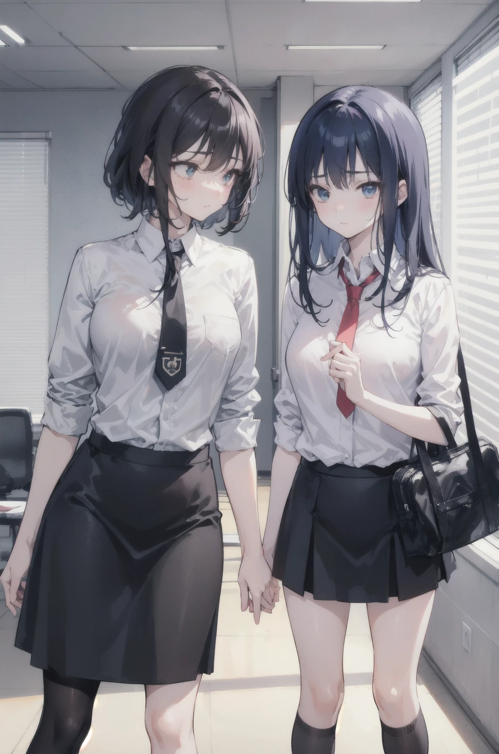 Short black hair、schools、校服、thighs thighs thighs thighs、early evening、I'm on my desk、2 girls、Blackboard in background、