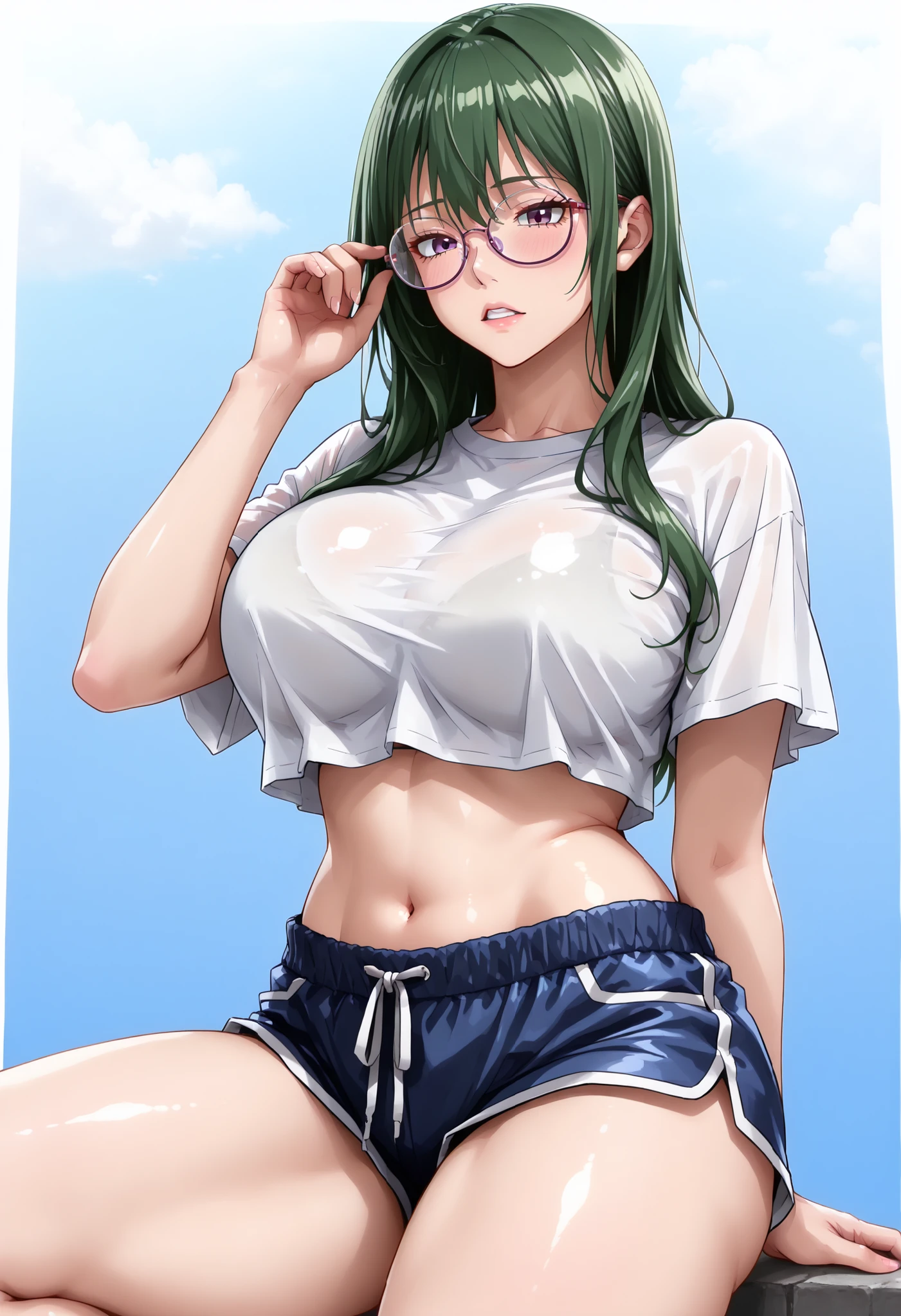 best quality, masterpiece, 1girl, (solo:1.1), raytracing, ultra detailed,detailed face, 8k wallpaper, wide hips, ZeninMakiNDV, 1girl, green hair, yellow eyes, large breasts, ponytail, glasses, panties, shirt, sitting, outdoor, smile, looking at viewer,