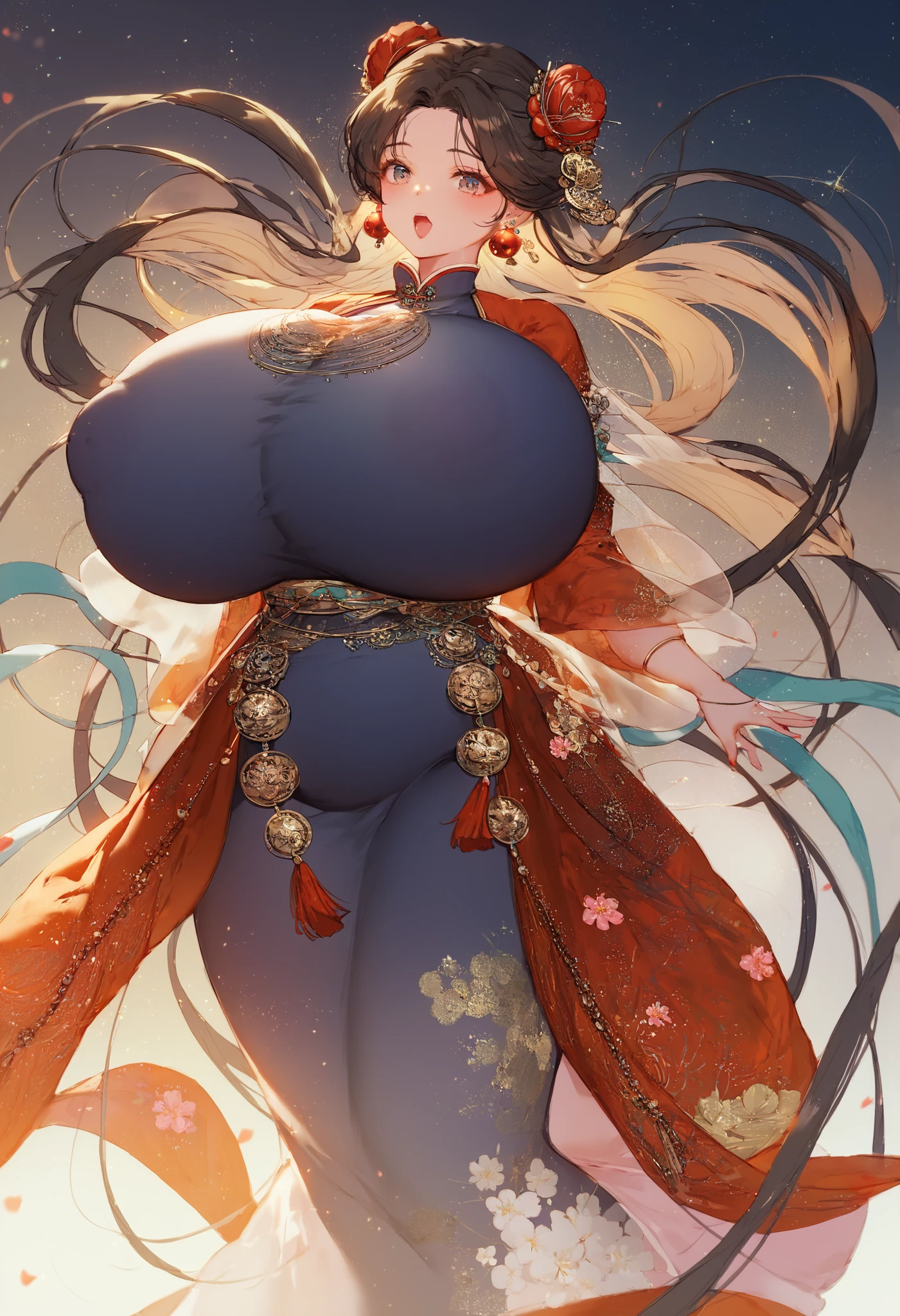 (A beautiful woman in Hanfu, Exquisite eyes, Large Breasts, Curved hips, Smile, legs open, permanent,Buttocks forward, , Large areola, Be clear about the content, vintage fashion, open mouth, best quality, 4K, 8k, high resolution, masterpiece:1.2, Very detailed, Practical, photoPractical, photo-Practical:1.37, High Dynamic Range, Ultra-high quality, Studio Lighting, Ultrafine coating, Clear focus, Physically Based Rendering, Very detailed description, professional, Vibrant colors, bokeh)